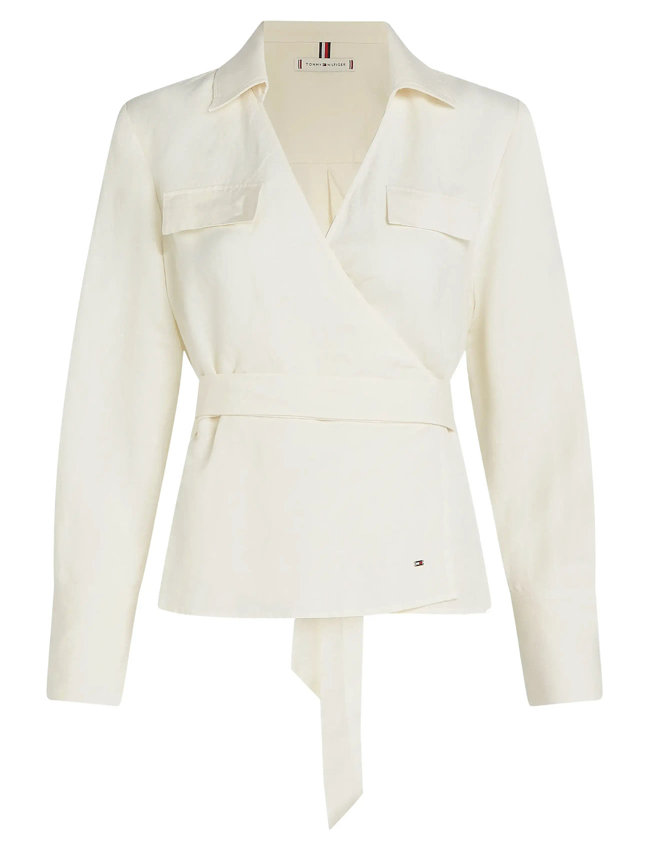 Tommy Hilfiger Textured Linen Wrap Blouse - White - 40