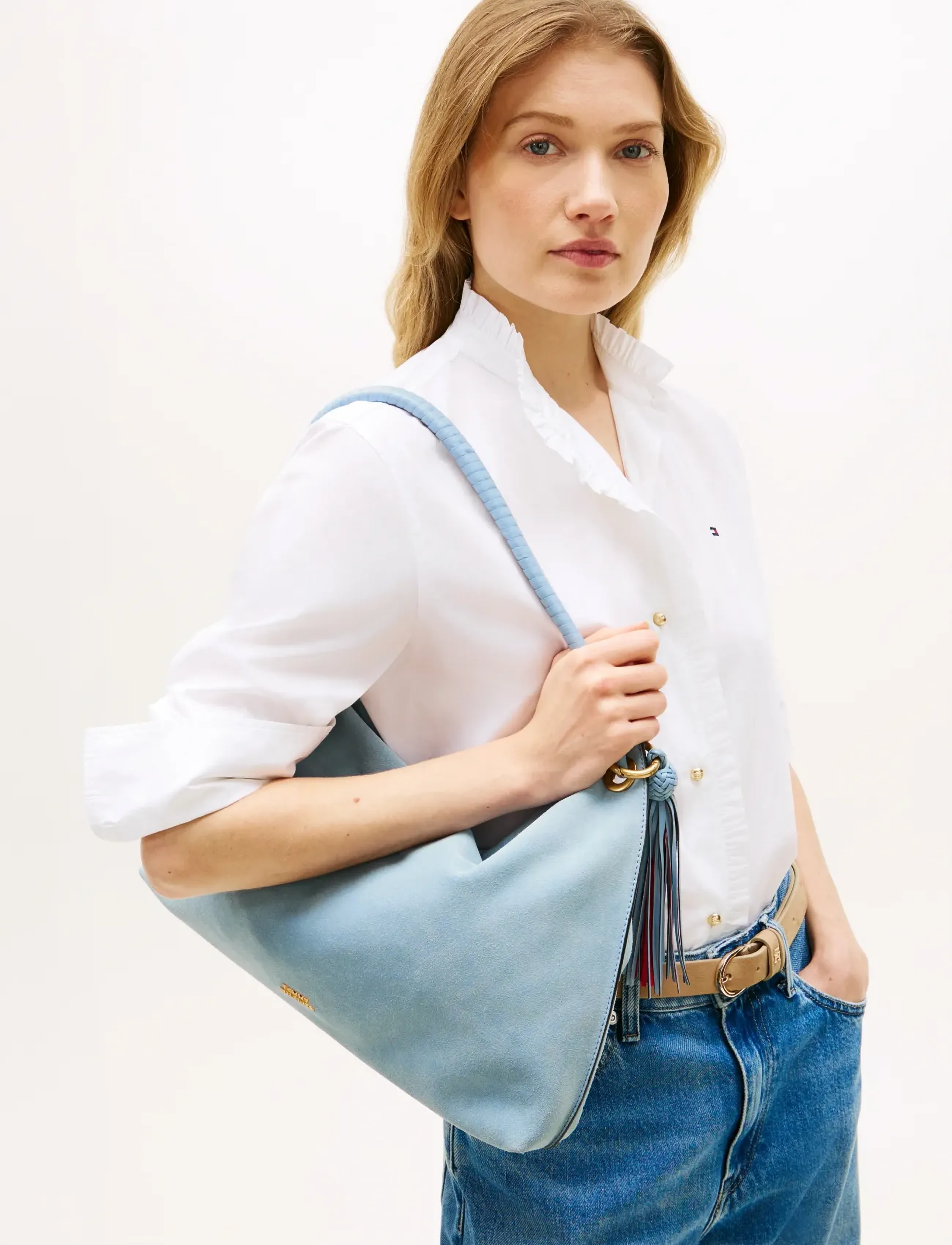 Tommy Hilfiger Th Statement Leather Bag Suede, Kvinder, Kvast Hobo Skuldertaske, Blå, Str: ONE SIZE