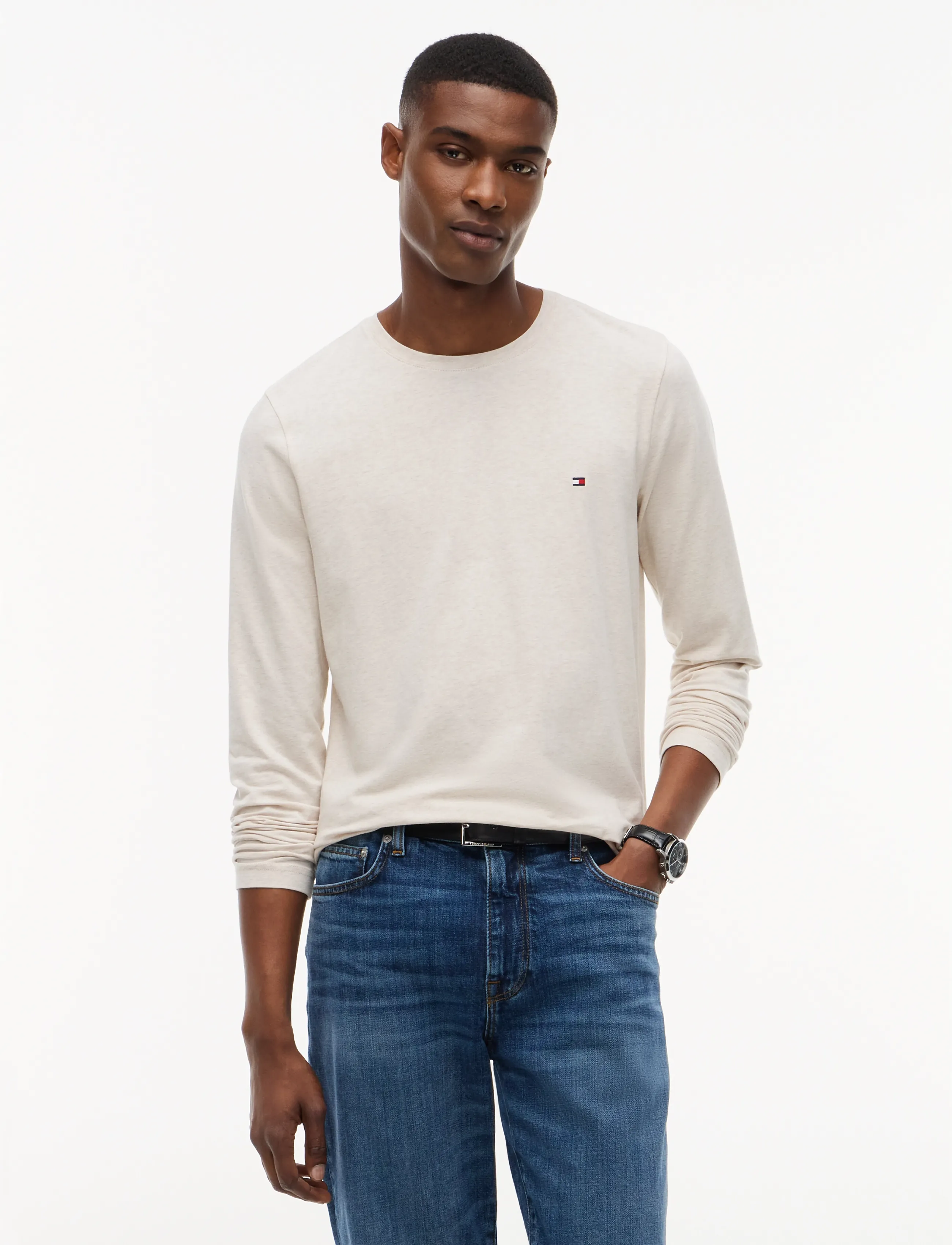 Tommy Hilfiger STRETCH EXTRA SLIM FIT LONG SLEEVE TEE - T-shirts - HEATHERED OATMILK / cream