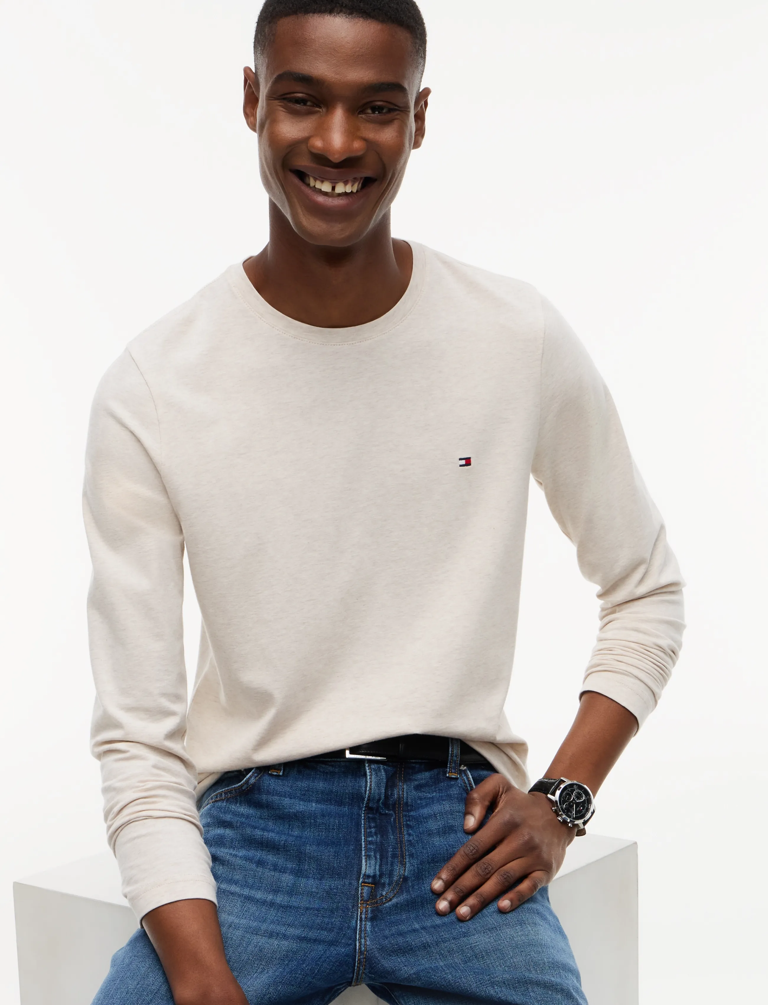 Tommy Hilfiger - STRETCH EXTRA SLIM FIT LONG SLEEVE TEE - långärmade t-shirts - heathered oatmilk - 3