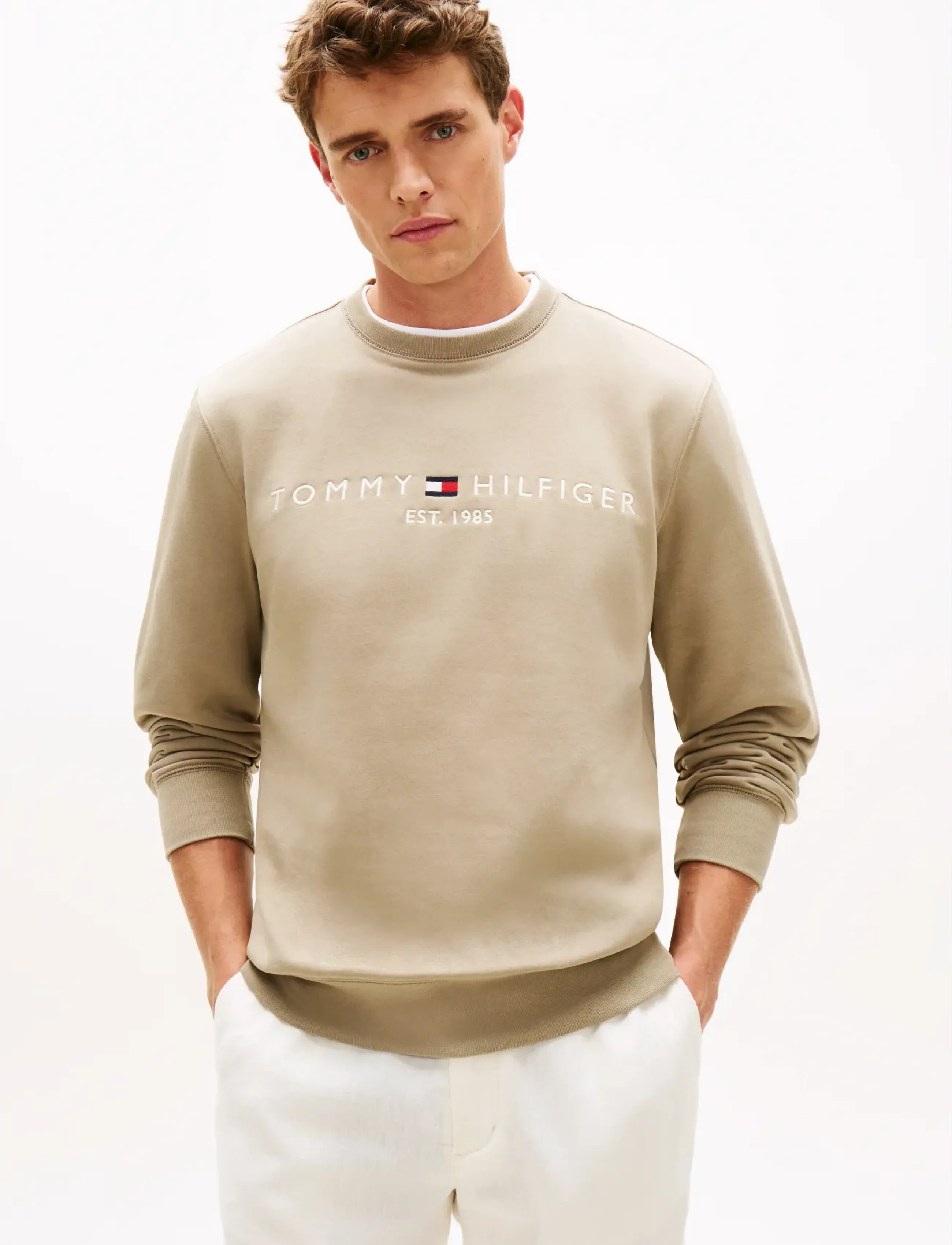 Tommy Hilfiger Tommy Logo Sweatshirt, Mænd, Logo Sweatshirt, Beige, Str: L