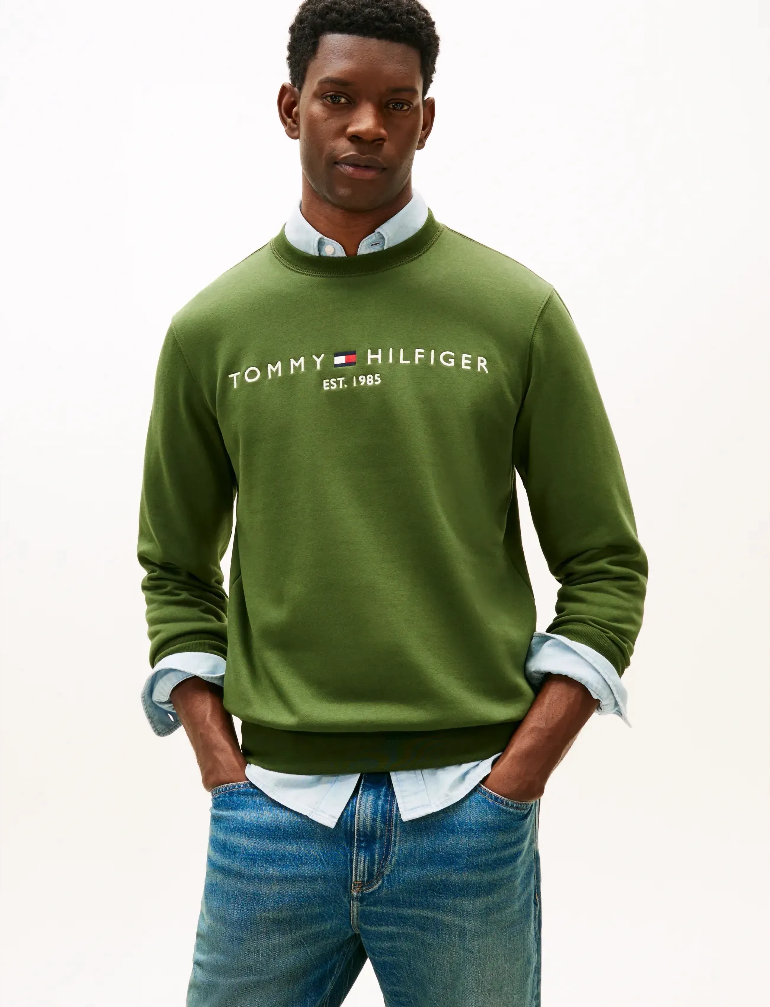 Tommy Hilfiger Tommy Logo Sweatshirt, Mænd, Logo Sweatshirt, Kakigrøn, Str: XXL