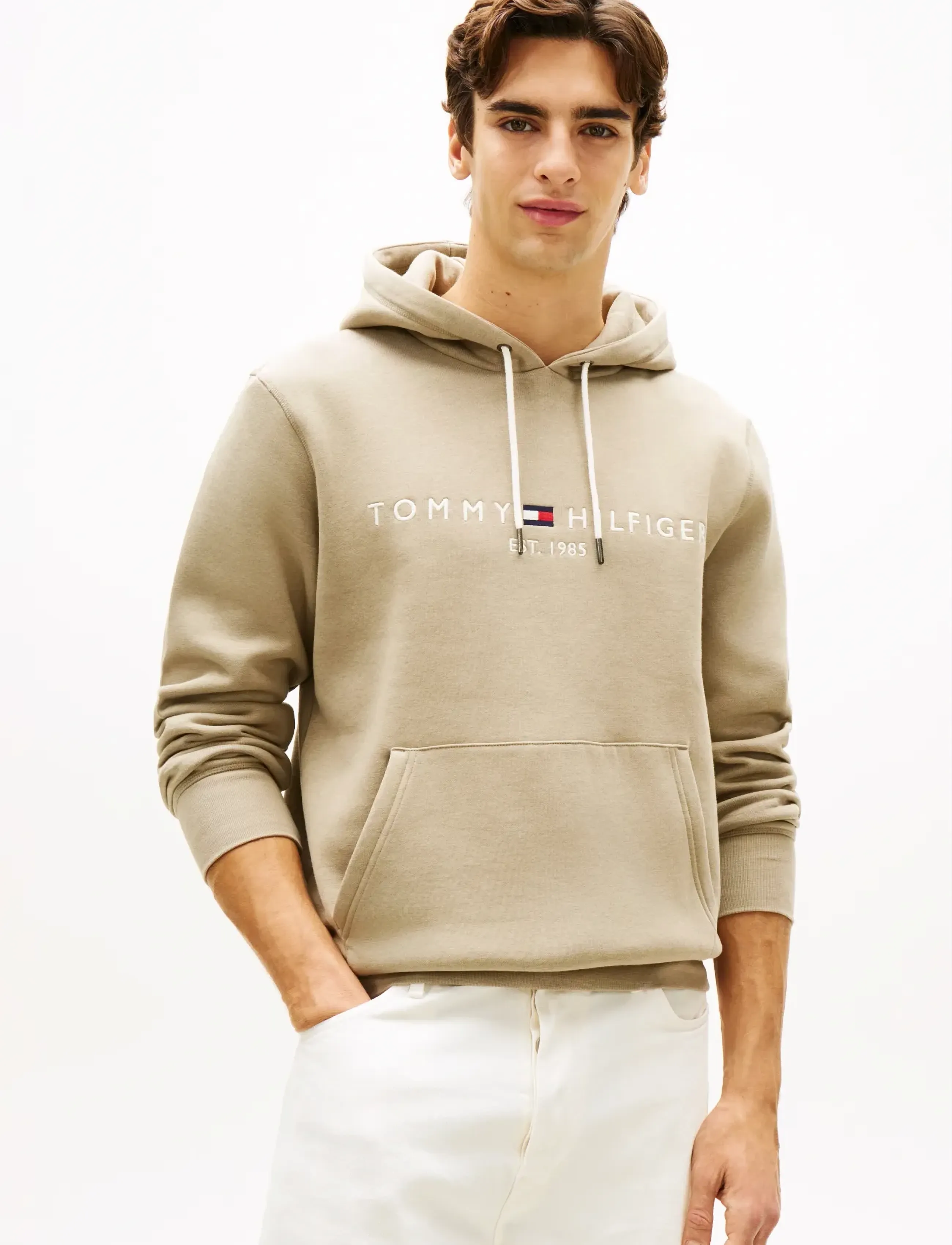 Tommy Hilfiger Tommy Logo Hoody, Mænd, Logo Hættetrøje, Beige, Str: M