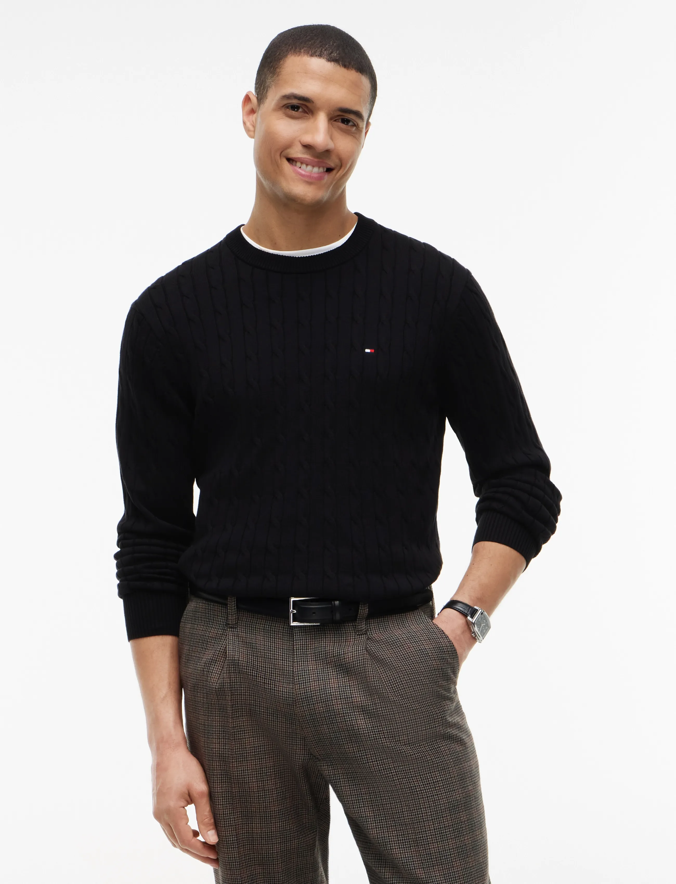 Tommy Hilfiger Classic Cotton Cable Crew Neck, XL, Knitwear, Schwarz - Round Necks, Männerswear
