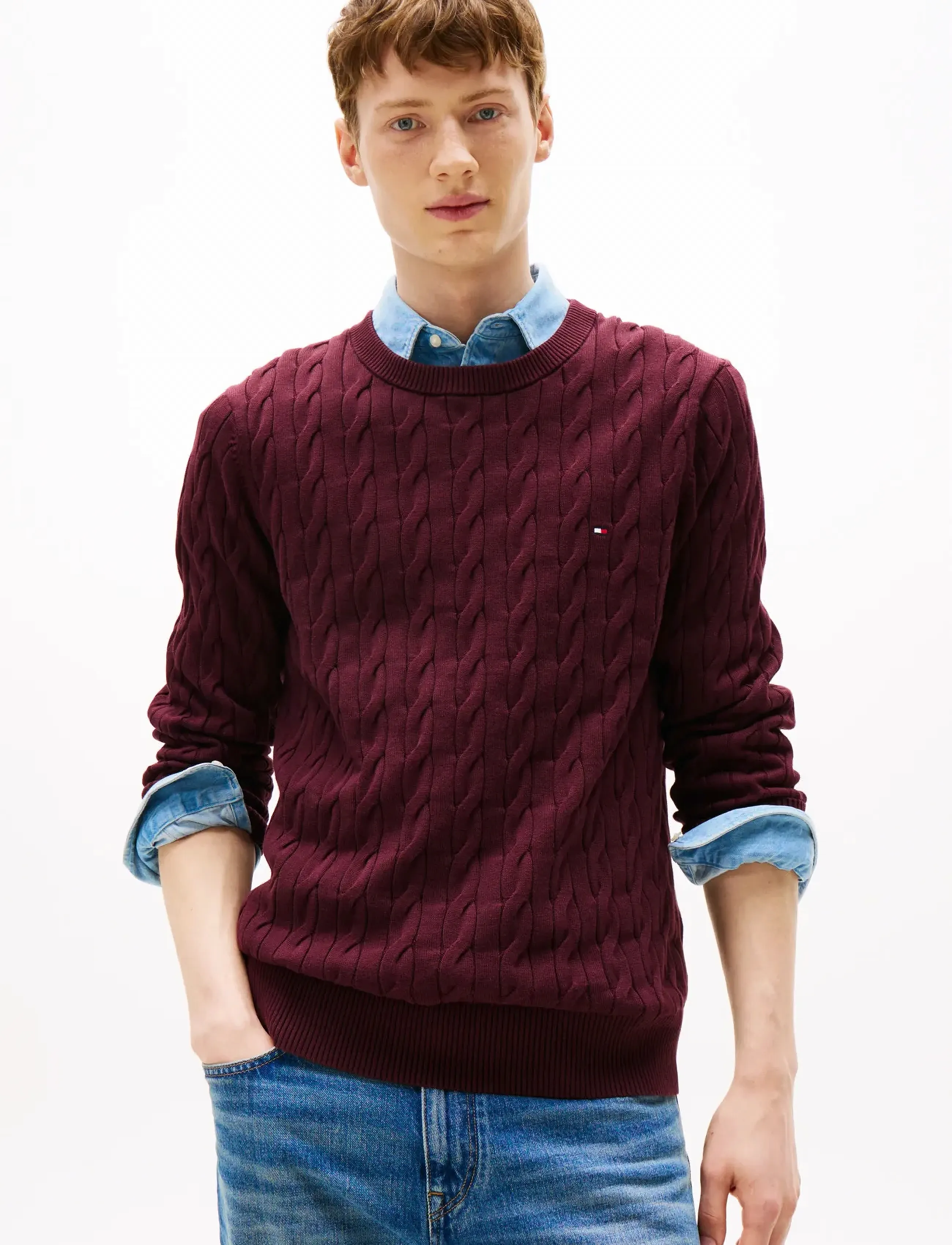 Tommy Hilfiger CLASSIC COTTON CABLE CREW NECK - Tommy Hilfiger - DEEP BURGUNDY / red
