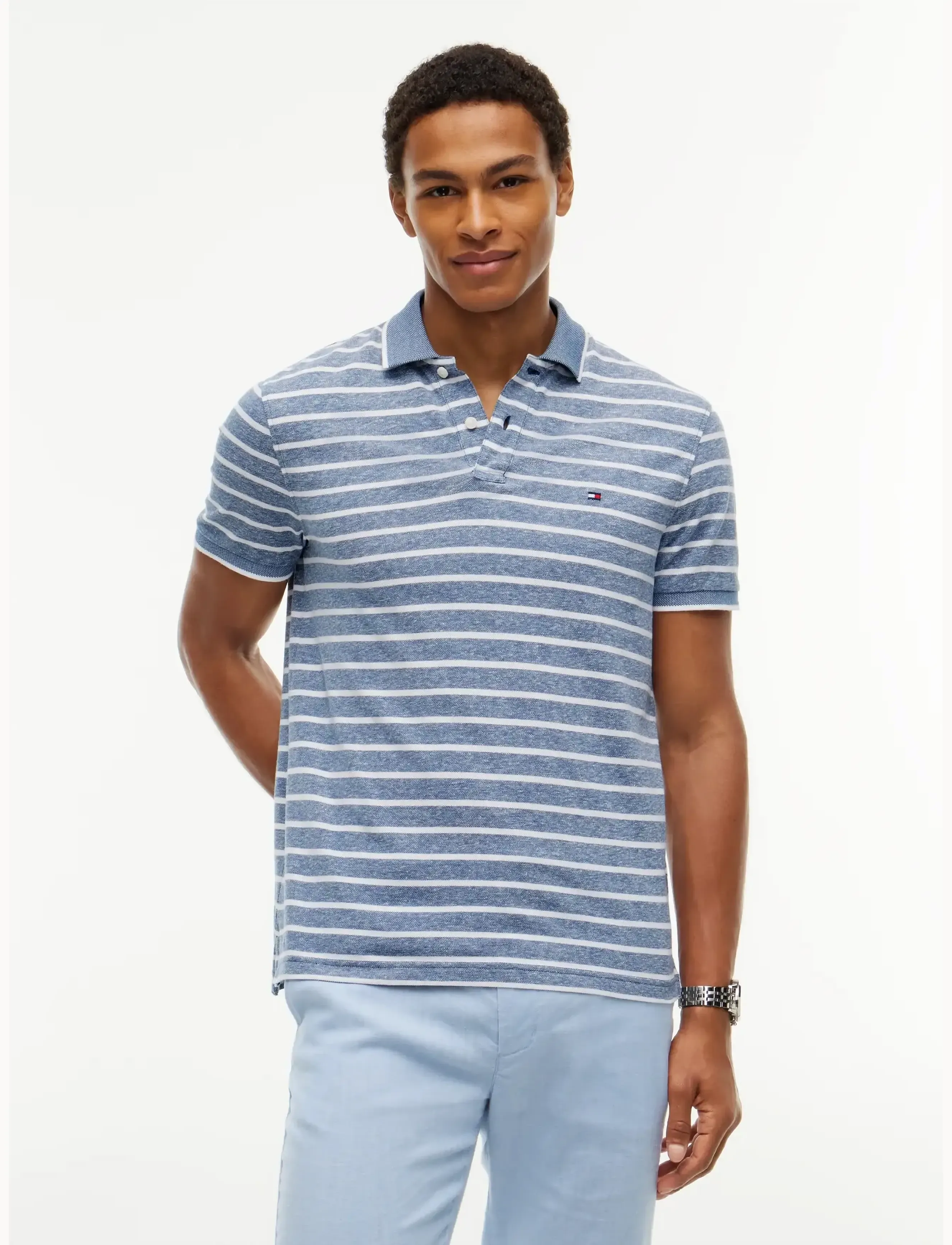 Tommy Hilfiger COTTON LINEN PIQUE REG POLO - Kläder - BLUE JEAN   WHITE / blue