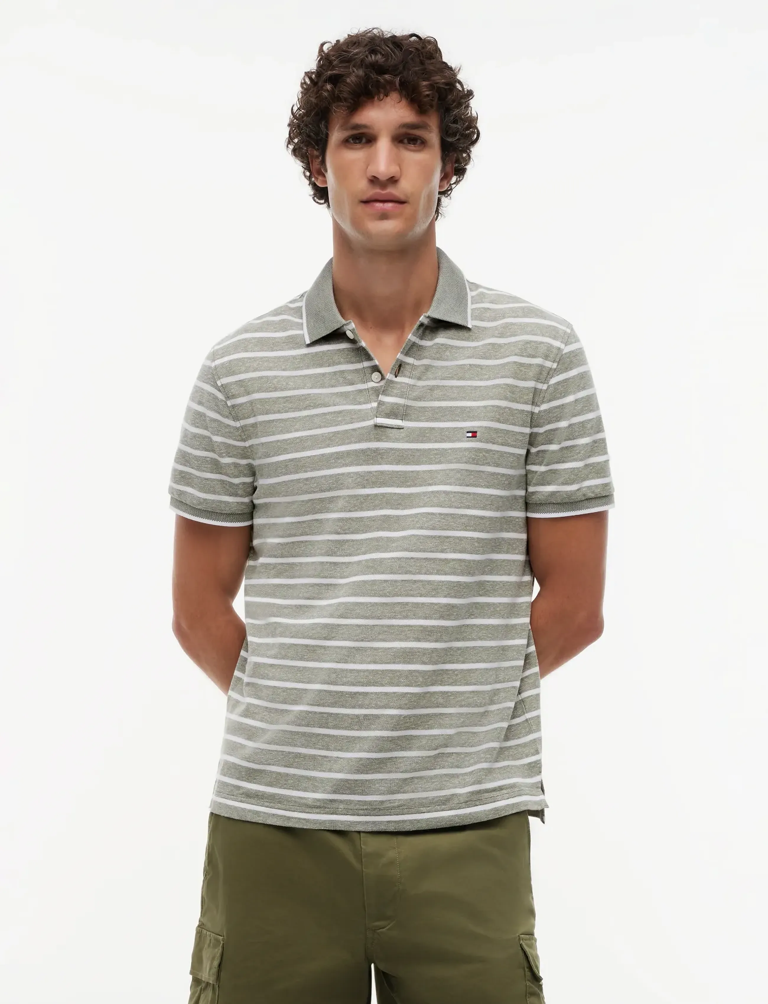 Tommy Hilfiger COTTON LINEN PIQUE REG POLO - Tommy Hilfiger - DARK ARTICHOKE   WHITE / grey