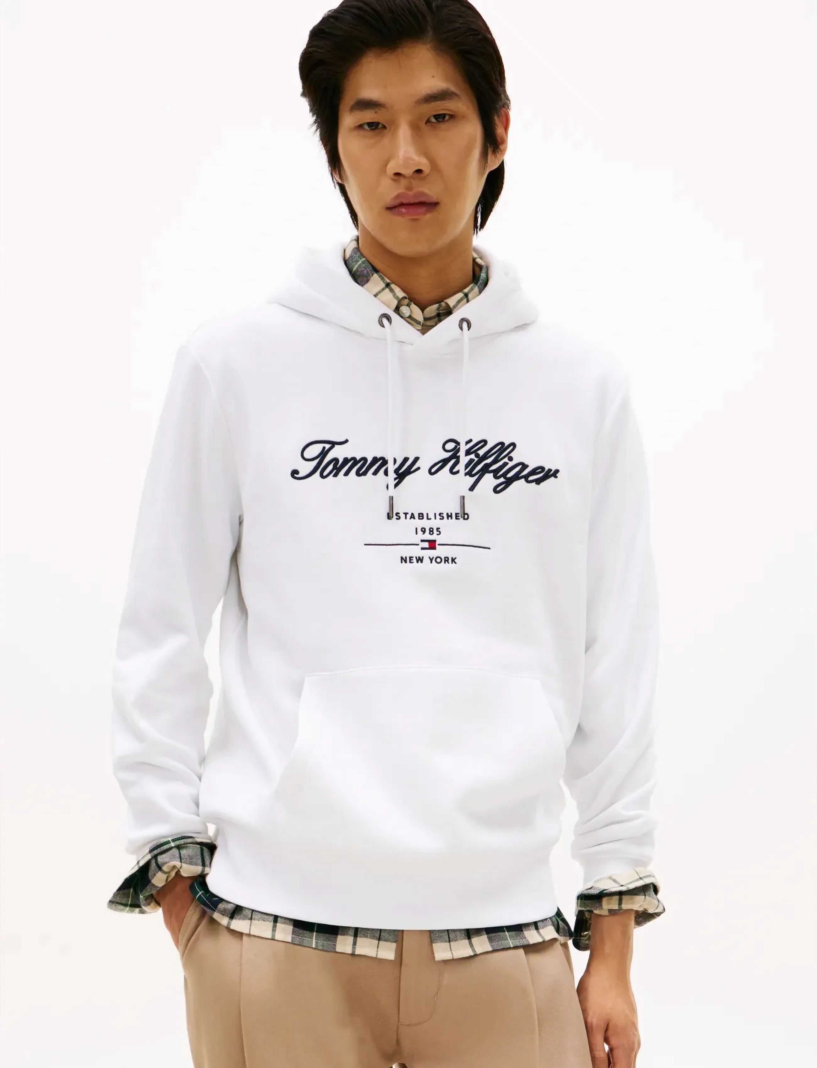 Tommy Hilfiger Script Logo Hoody, Skrift Logo Hættetrøje, Hvid, Str: XS