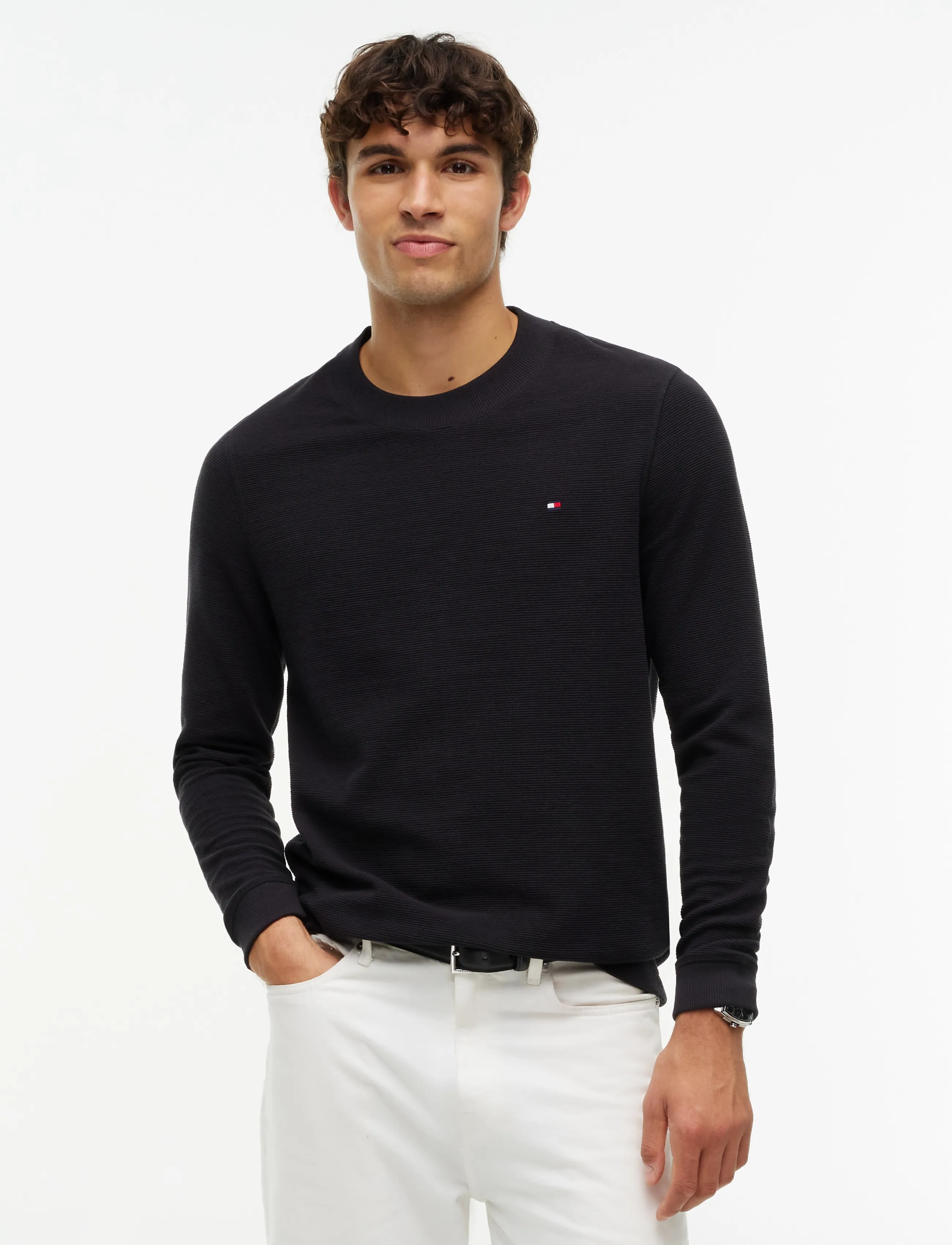 Tommy Hilfiger TEXTURED LS TEE - T-shirts - BLACK / black