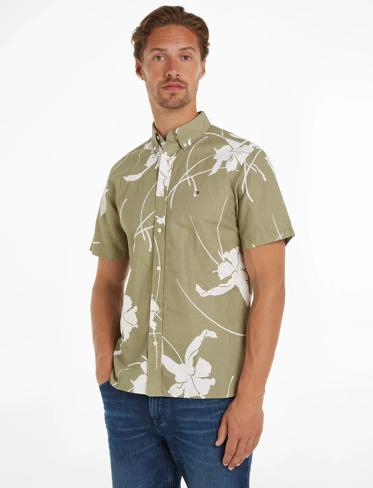 Tommy Hilfiger - LARGE TROPICAL PRT SHIRT S/S - kortærmede t-shirts - faded olive / optic white - 1