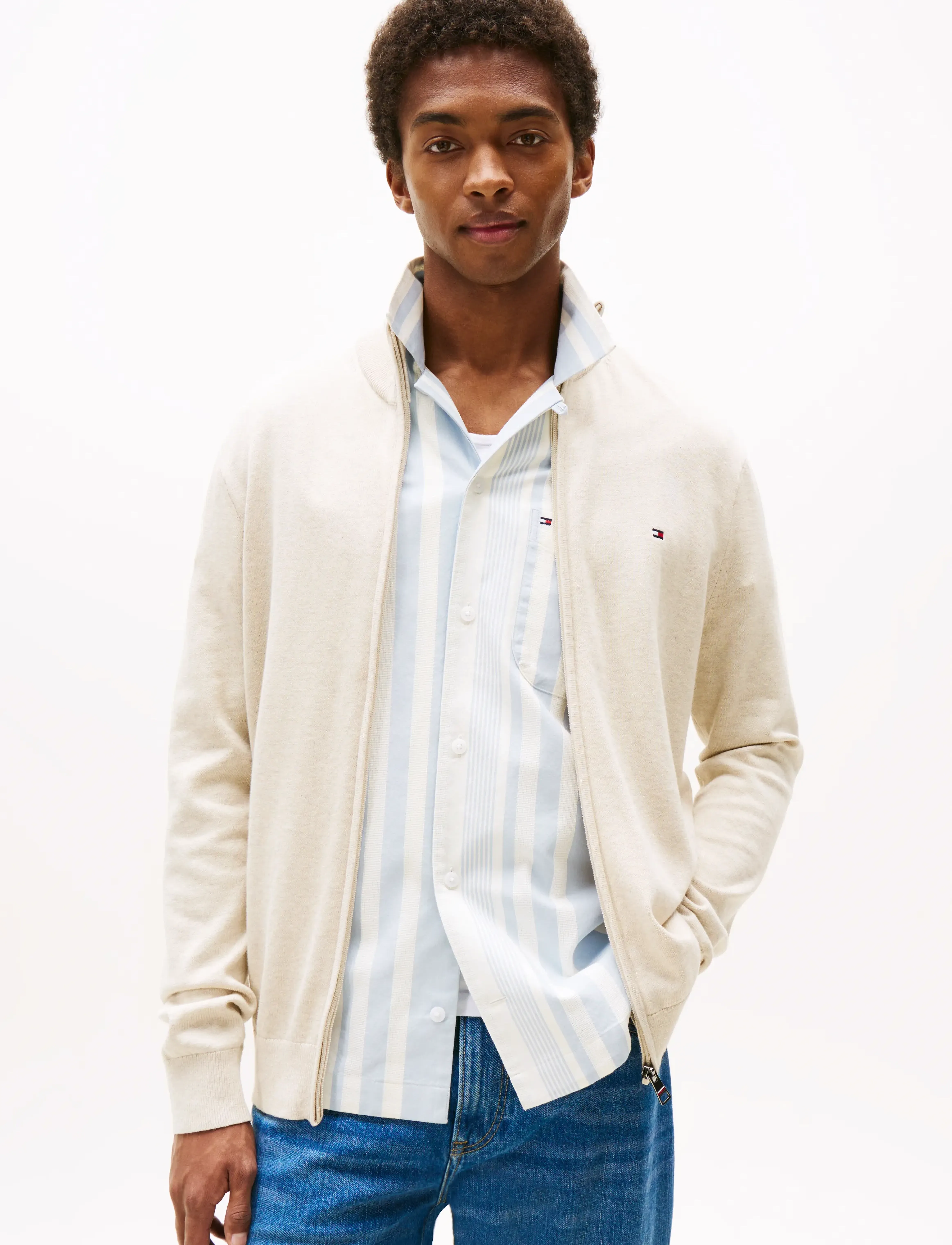 Tommy Hilfiger Essential Cotton Zip Thru, Mænd, Lynlås Trøje, Cream, Str: XXL