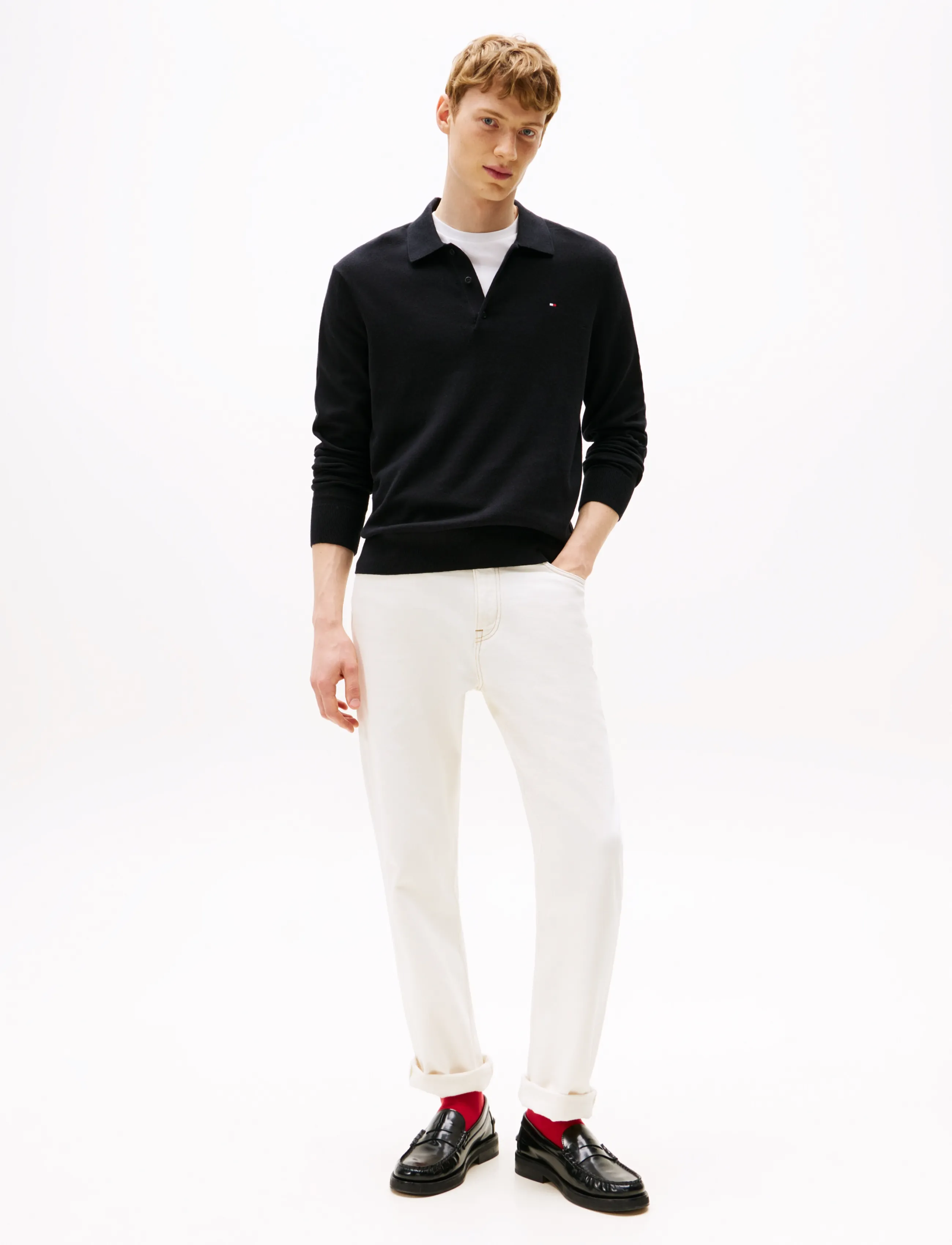 Tommy Hilfiger - PIMA ORG CTN CASHMERE LS POLO - langärmelige strick-polohemden - black - 3