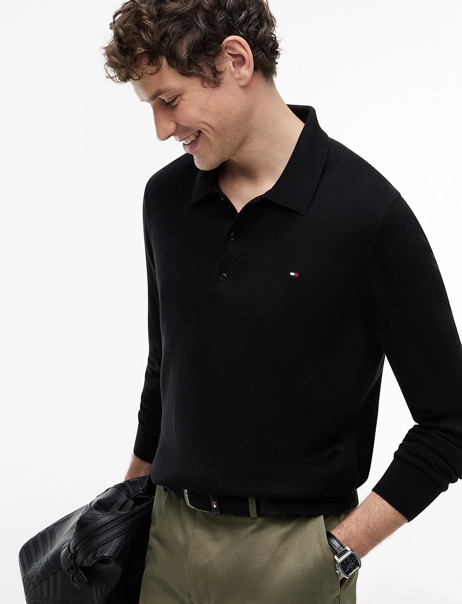 Tommy Hilfiger - PIMA ORG CTN CASHMERE LS POLO - long-sleeved knitted polos - black - 4