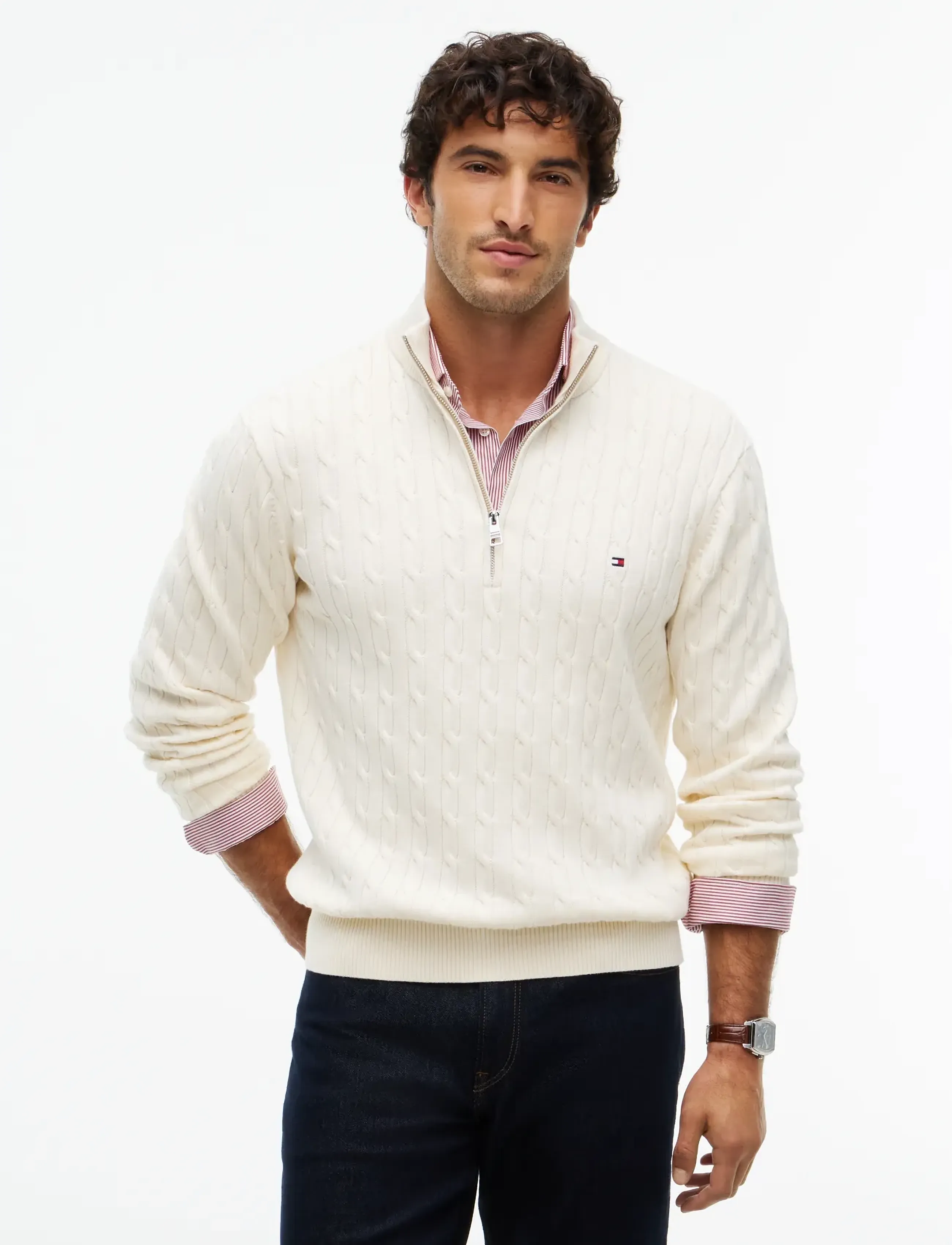 Tommy Hilfiger - CLASSIC COTTON CABLE ZIP MOCK - pullover mit halbem reißverschluss - cream - 0