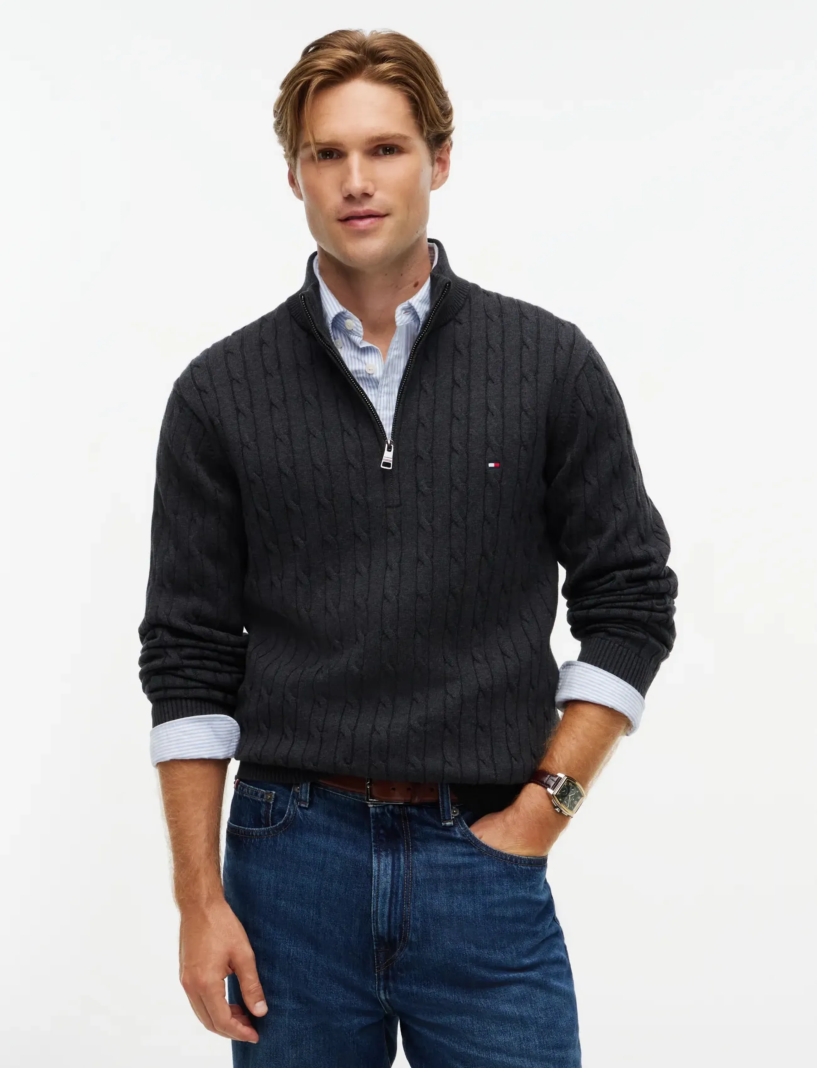 Tommy Hilfiger - CLASSIC COTTON CABLE ZIP MOCK - pullover mit halbem reißverschluss - dark grey heather - 0