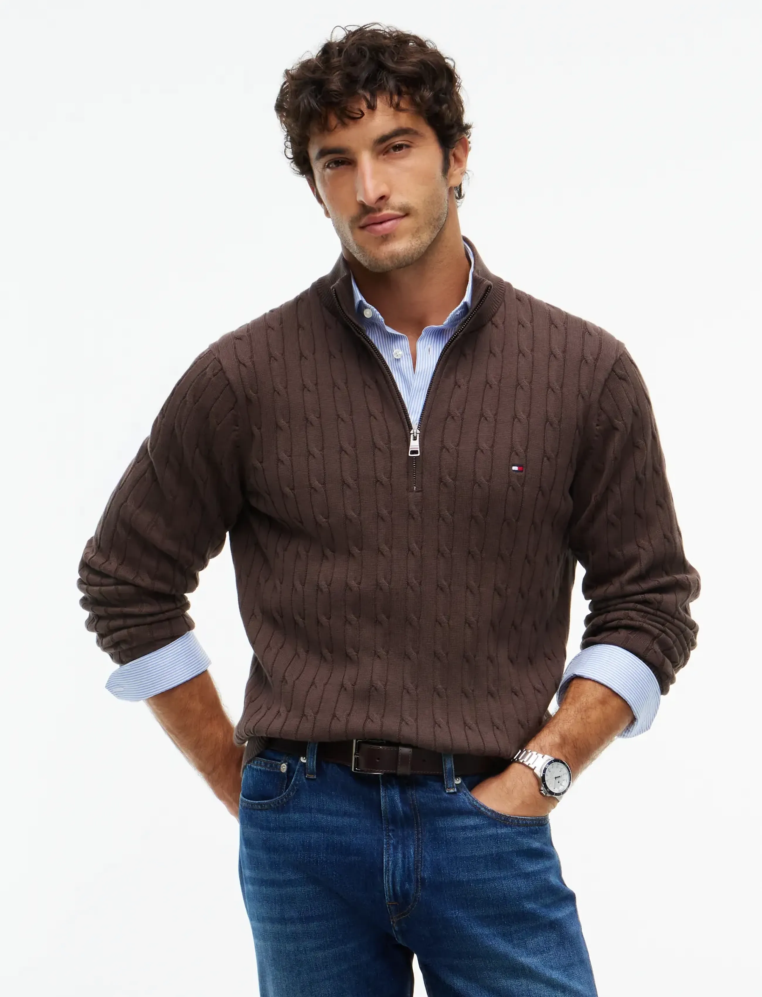 Tommy Hilfiger - CLASSIC COTTON CABLE ZIP MOCK - pullover mit halbem reißverschluss - earthy brown - 0