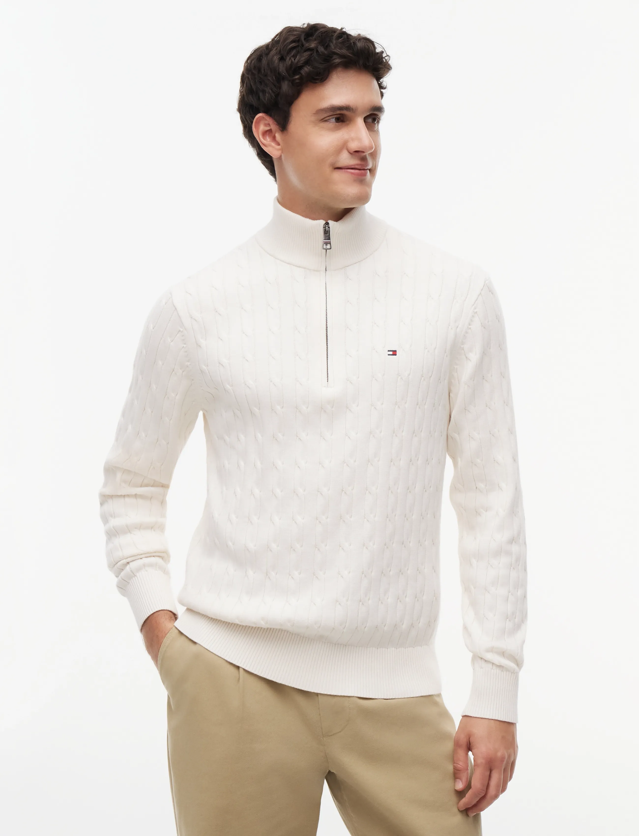 Tommy Hilfiger CLASSIC COTTON CABLE ZIP MOCK - Kläder - IVORY PETAL / white