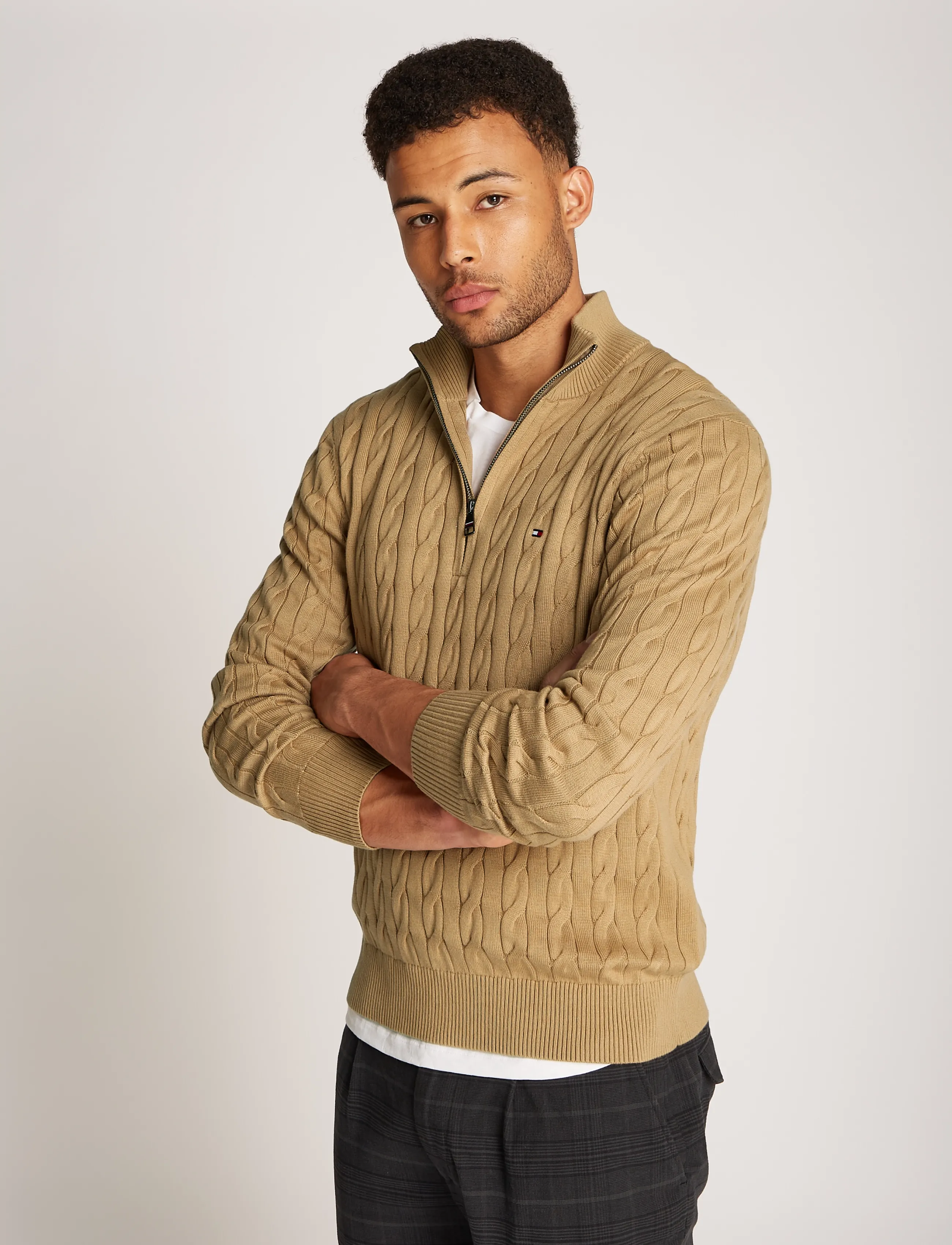 Tommy Hilfiger CLASSIC COTTON CABLE ZIP MOCK - Kläder - SAFARI CANVAS / beige