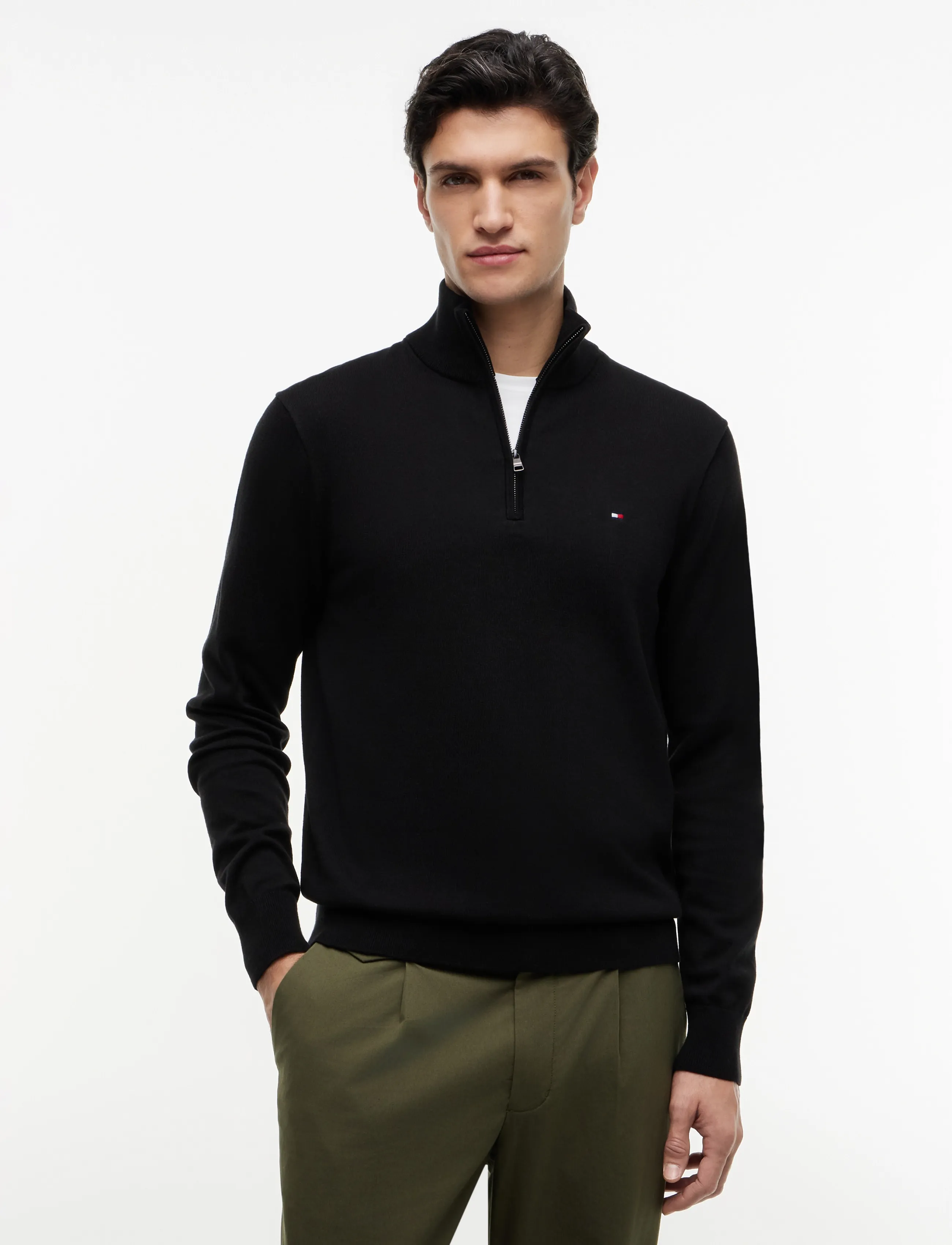 Tommy Hilfiger Essential Cotton Zip Mock, Mænd, Mock Neck Lynlås Sweater, Sort, Str: L