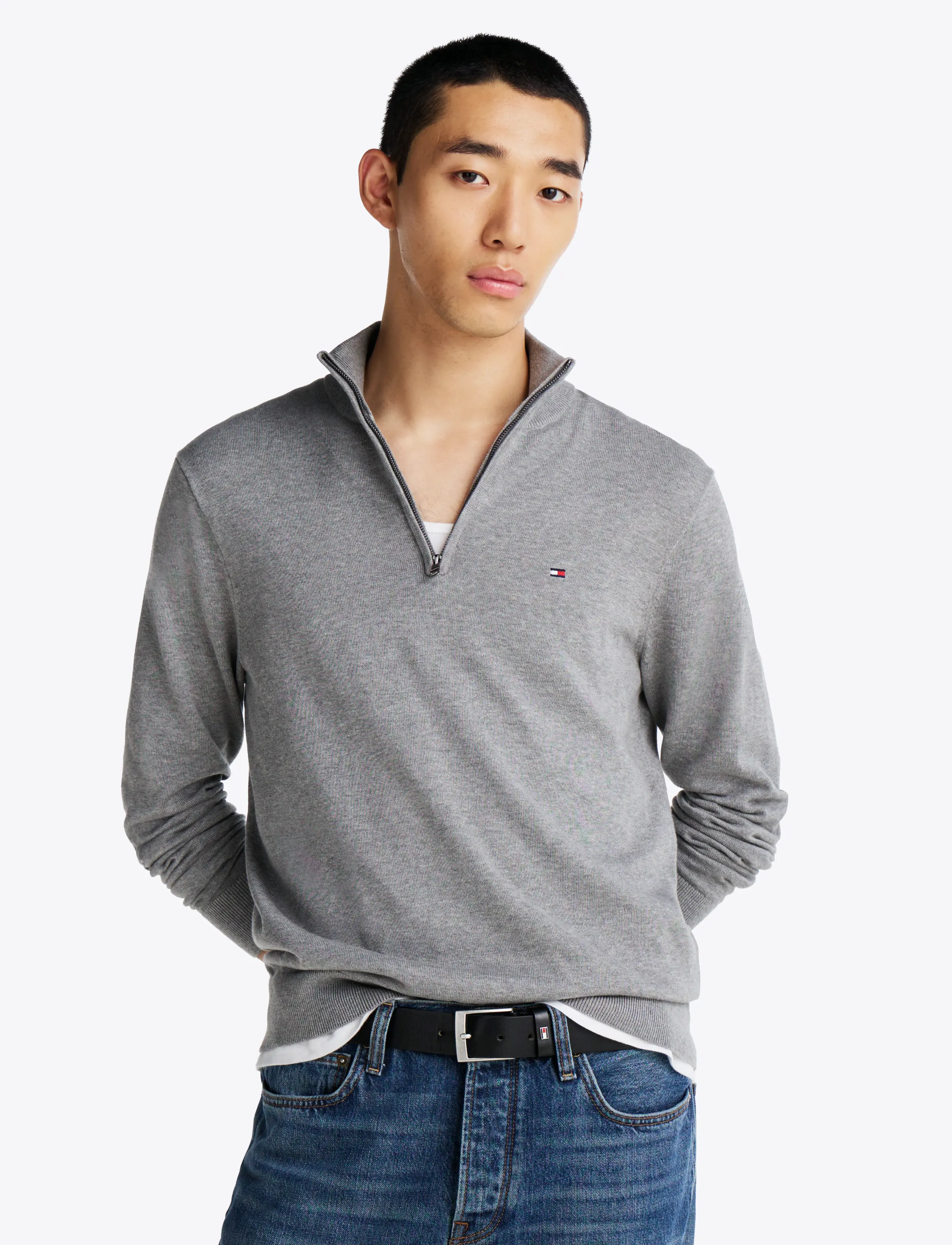Tommy Hilfiger ESSENTIAL COTTON ZIP MOCK - Tommy Hilfiger - MEDIUM GREY HEATHER / grey