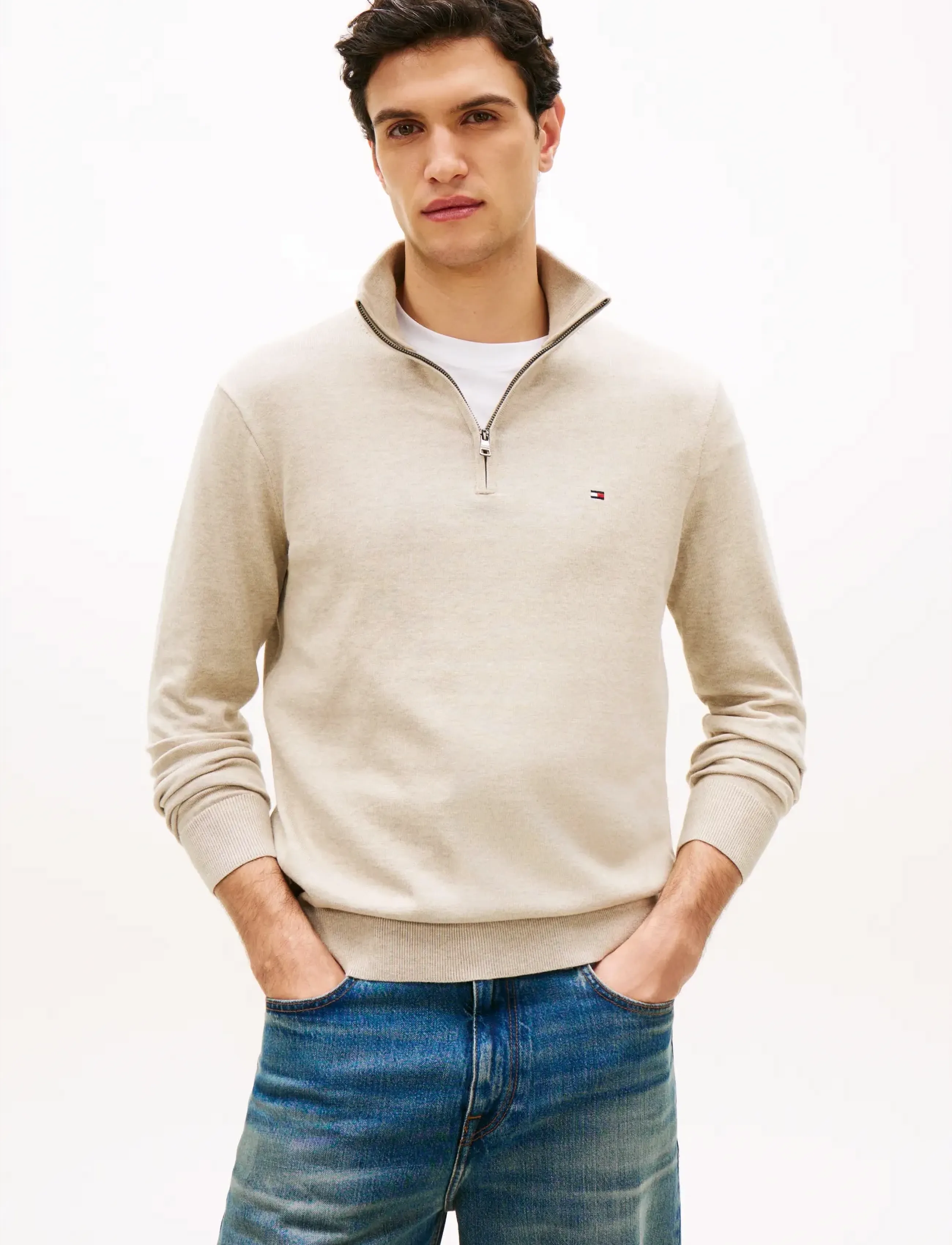 Tommy Hilfiger ESSENTIAL COTTON ZIP MOCK - Tommy Hilfiger - SANDALWOOD HEATHER / cream