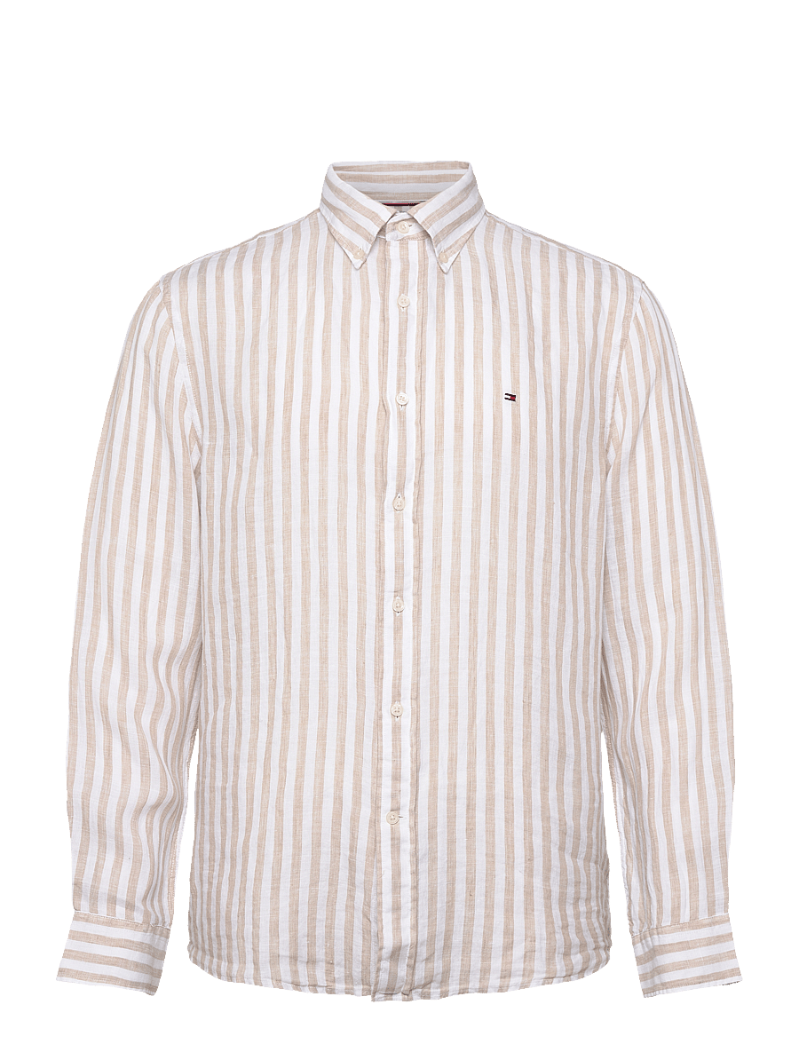 Tommy Hilfiger - LINEN ESSENTIAL STRIPE RF SHIRT - randiga skjortor - sandalwood / optic white - 1