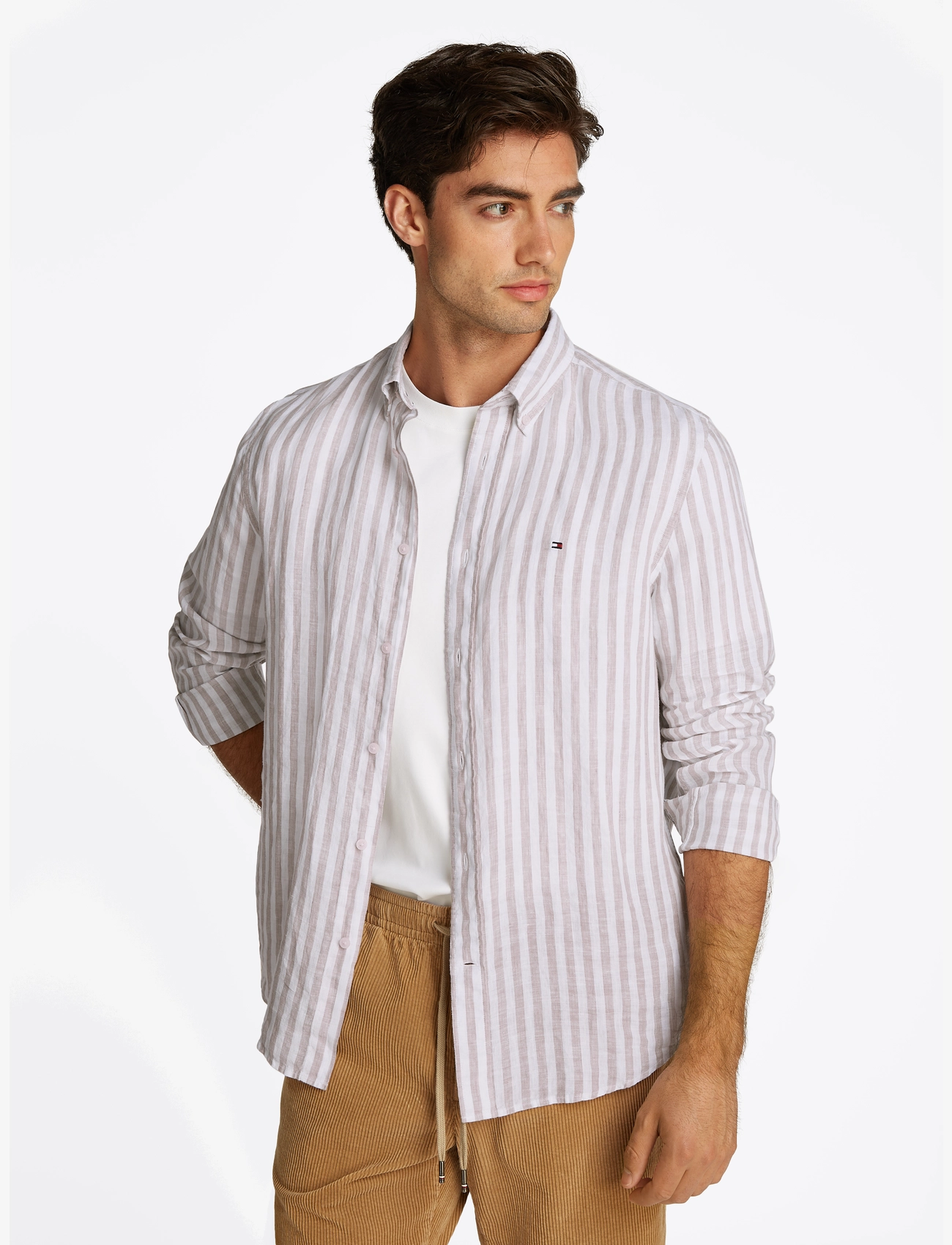 Tommy Hilfiger - LINEN ESSENTIAL STRIPE RF SHIRT - sandalwood / optic white - 5