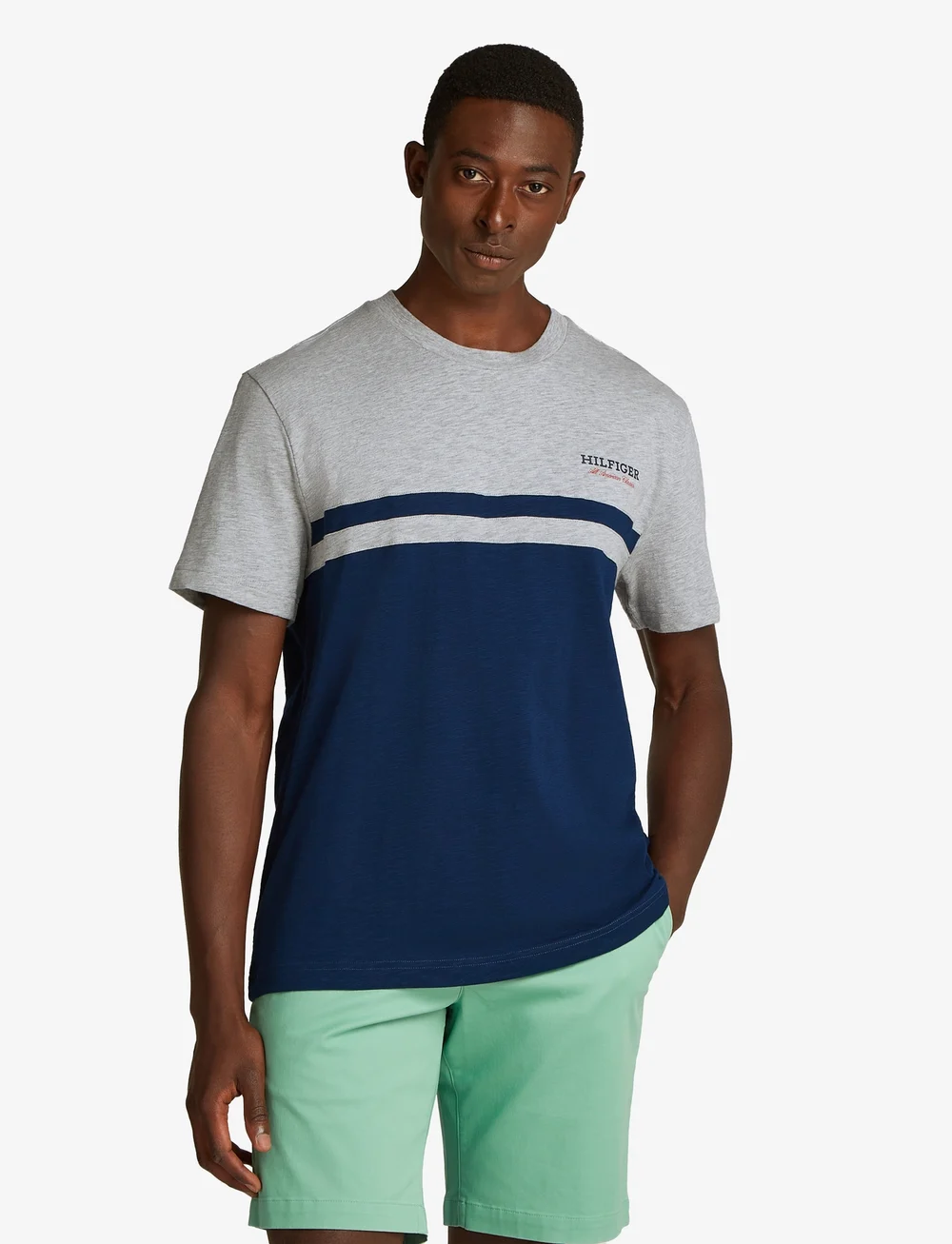 Tommy Hilfiger - MONOTYPE COLOURBLOCK TEE - korte mouwen - light grey heather/night sky - 0