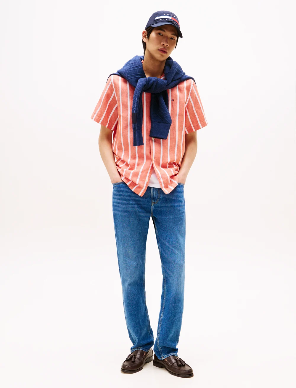 Tommy Hilfiger - LINEN BLEND STRIPED SS RF SHIRT - striped shirts - brilliant orange / stripe - 2