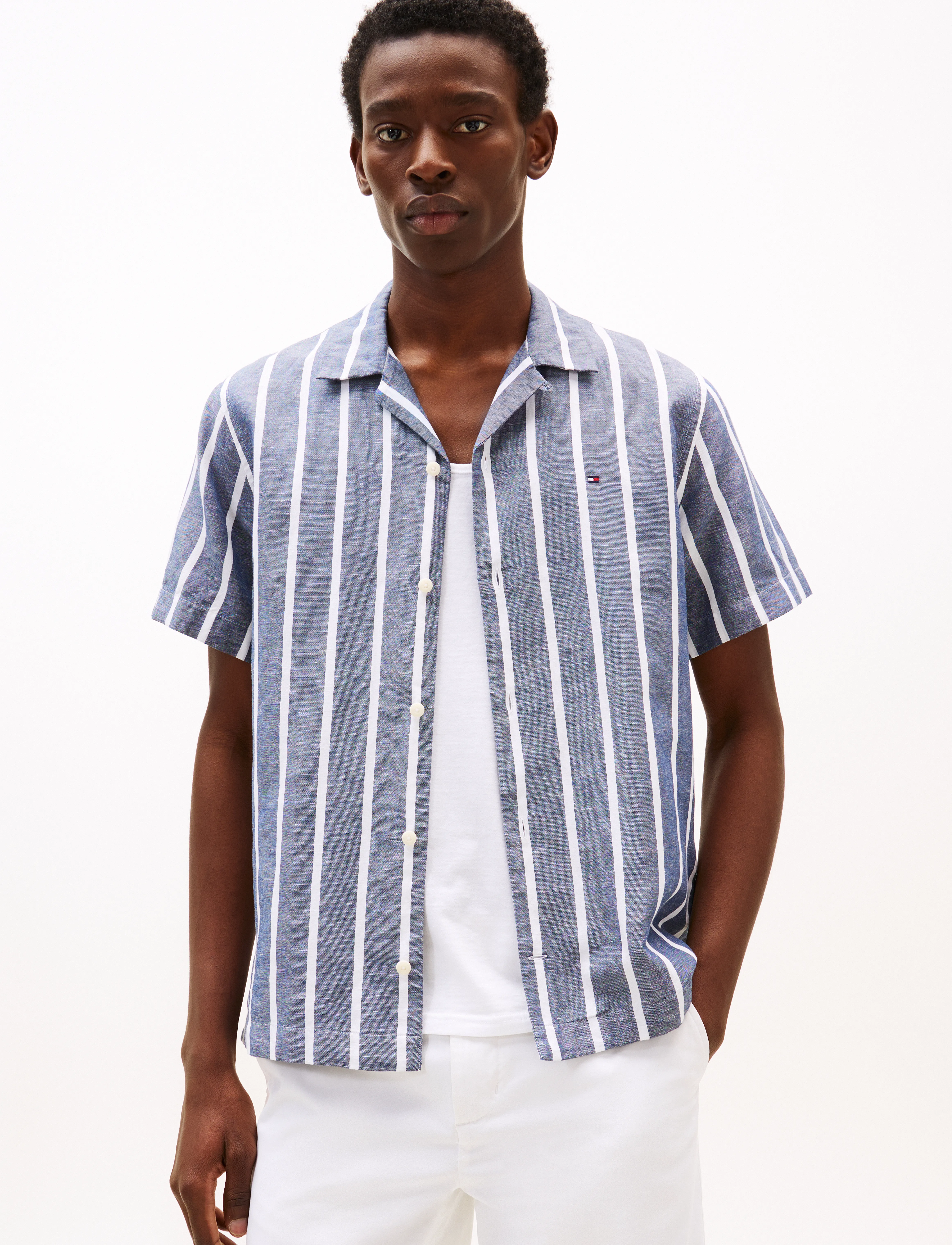 Tommy Hilfiger LINEN BLEND STRIPED SS RF SHIRT - Tommy Hilfiger - PREPPY NAVY / STRIPE / blue