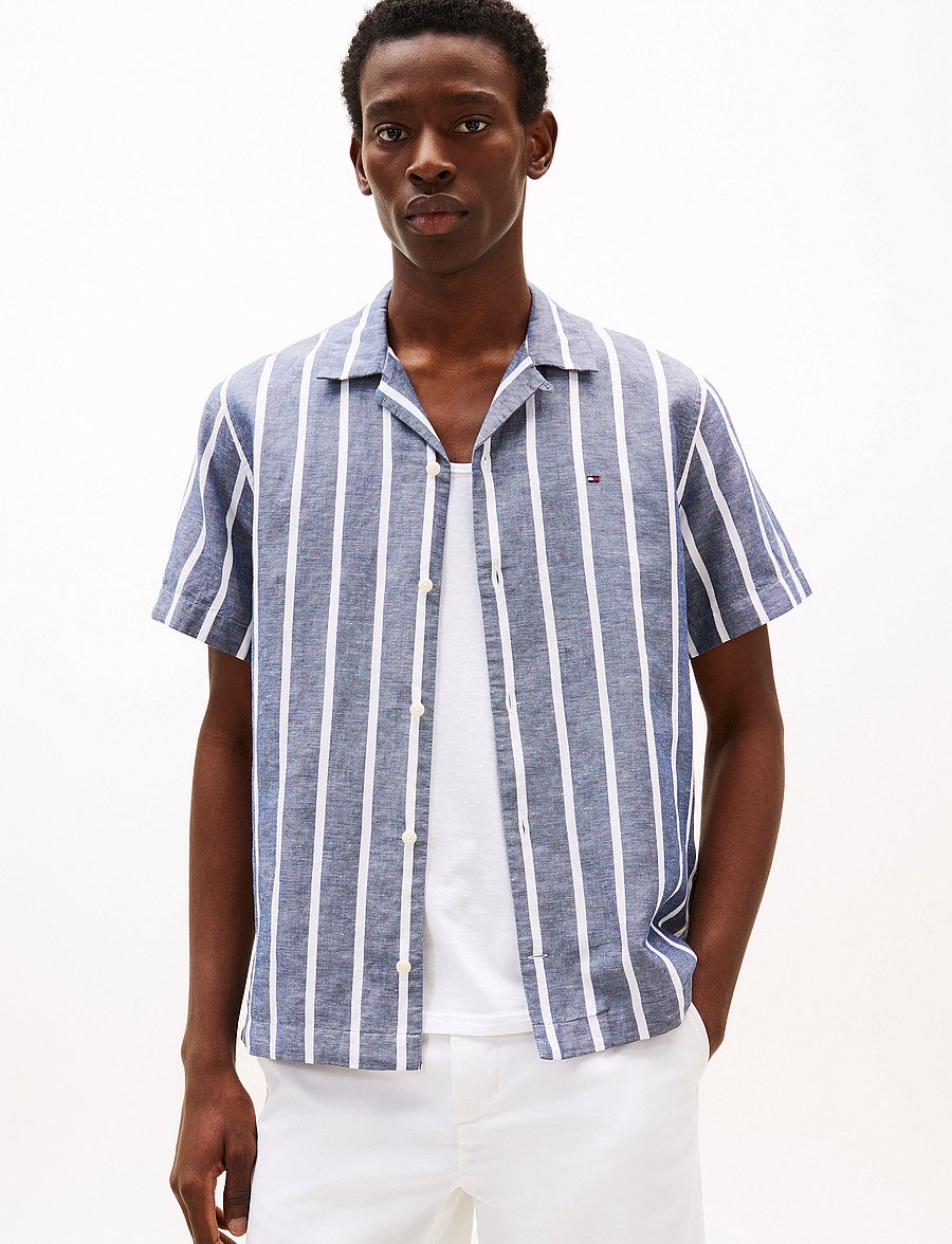 Tommy Hilfiger - LINEN BLEND STRIPED SS RF SHIRT - gestreifte hemden - preppy navy / stripe - 0