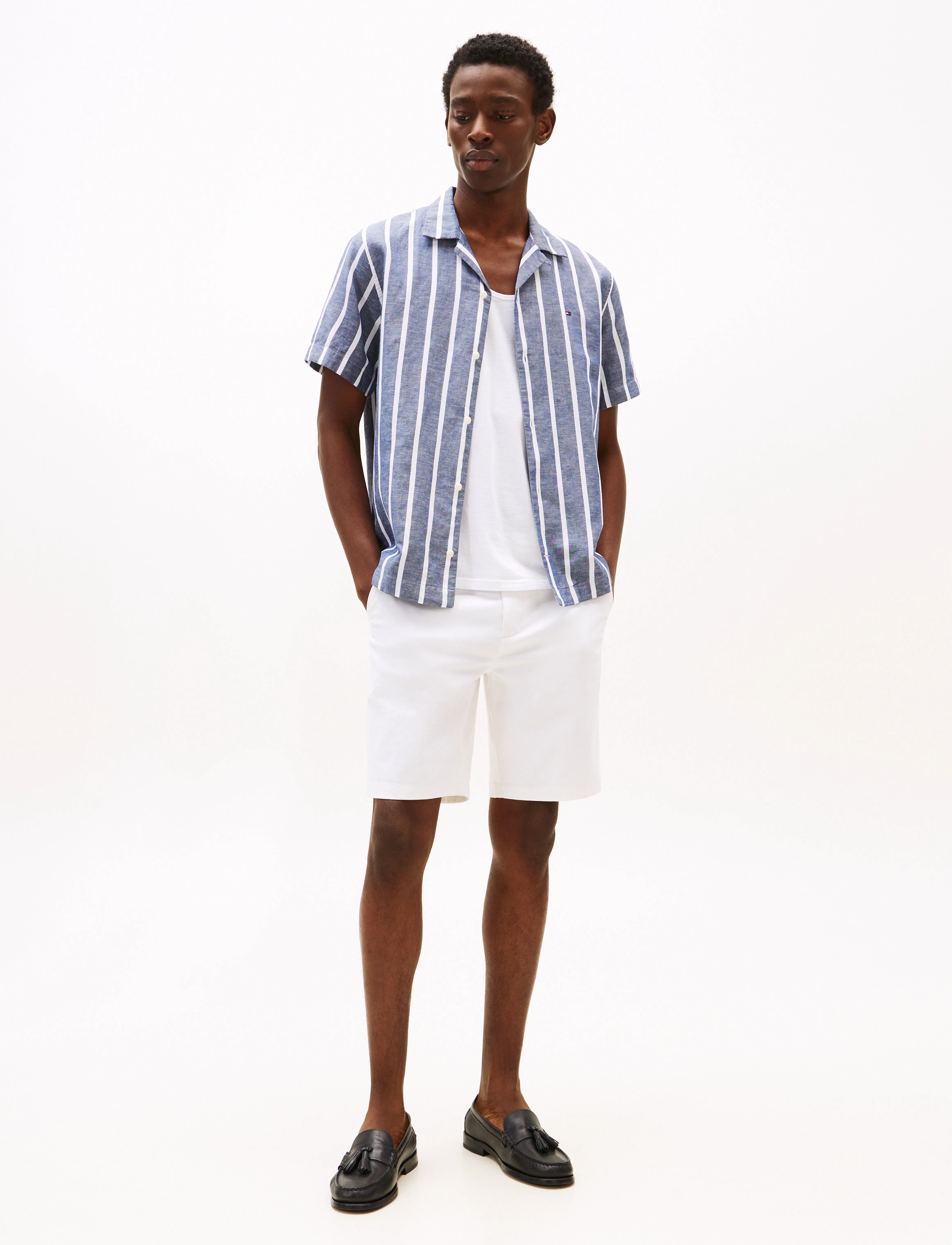 Tommy Hilfiger - LINEN BLEND STRIPED SS RF SHIRT - röndóttar skyrtur - preppy navy / stripe - 2