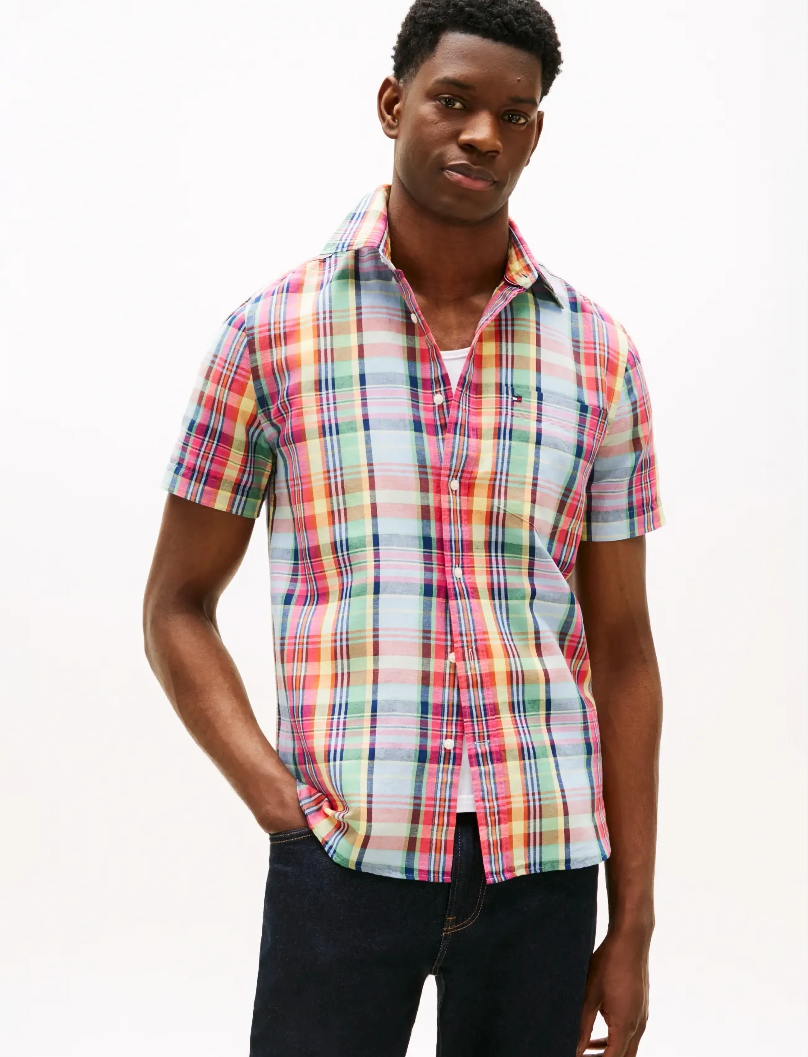 Tommy Hilfiger LINEN BLEND MADRAS SS SHIRT - Skjortor - BRILLIANT ORANGE MULTI   CHECK / multi