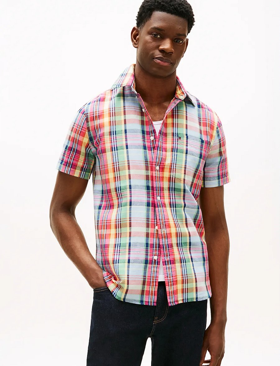 Tommy Hilfiger - LINEN BLEND MADRAS SS SHIRT - kortærmede skjorter - brilliant orange multi check - 0