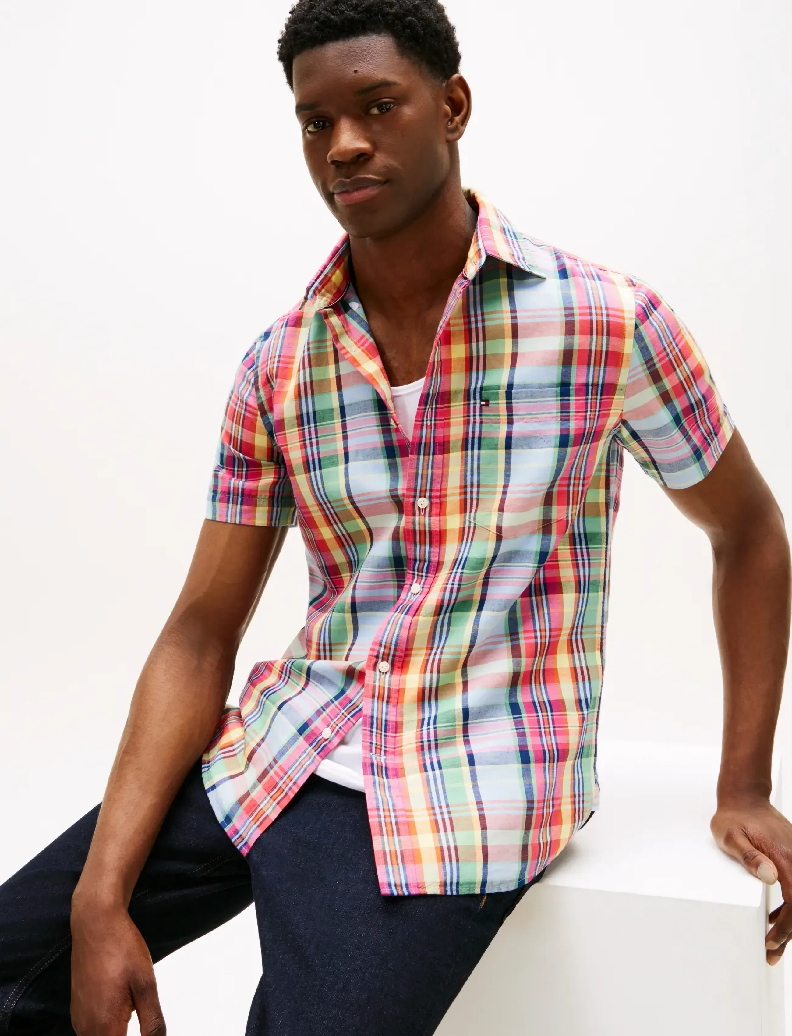 Tommy Hilfiger - LINEN BLEND MADRAS SS SHIRT - kortærmede skjorter - brilliant orange multi   check - 4