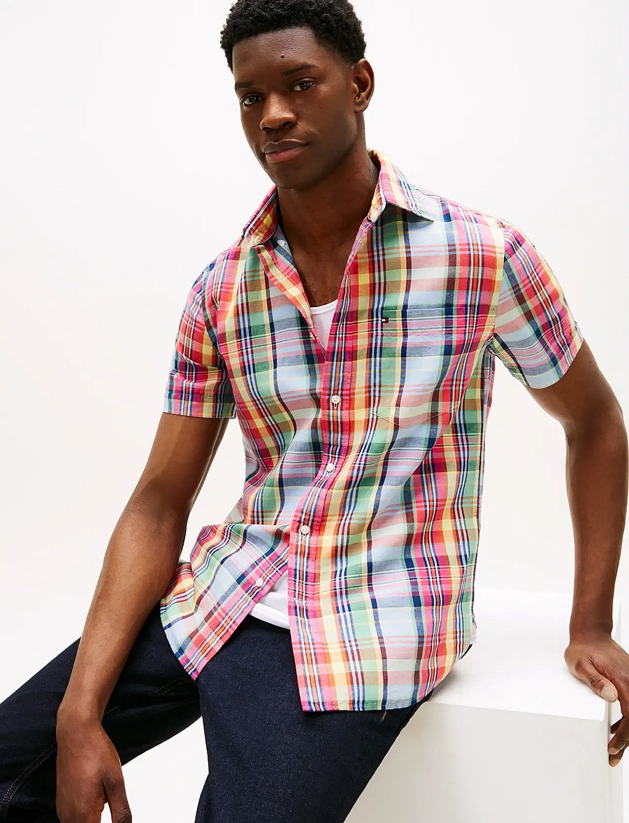 Tommy Hilfiger - LINEN BLEND MADRAS SS SHIRT - kortærmede skjorter - brilliant orange multi check - 4