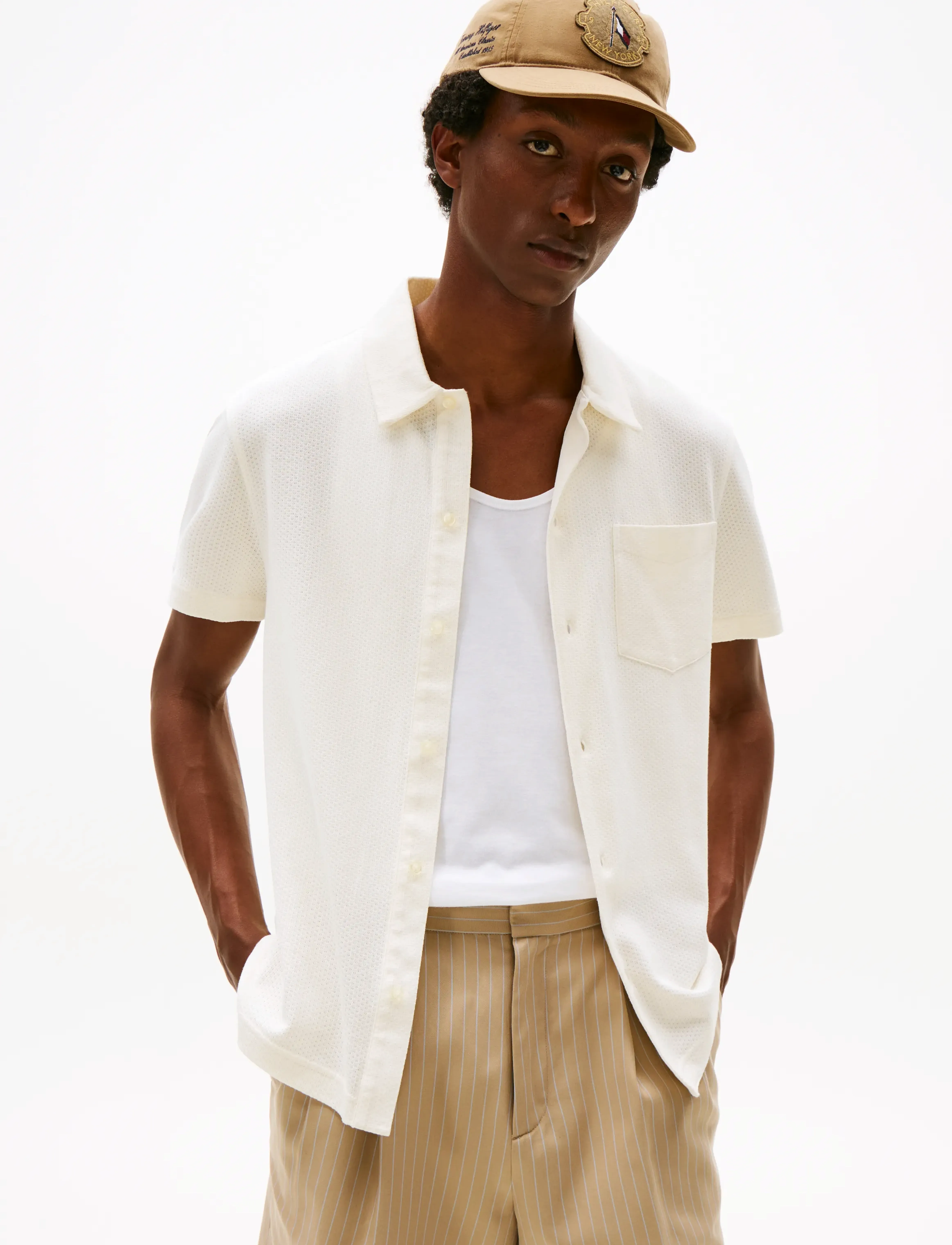 Tommy Hilfiger Open Knit Full Placket Reg Polo, S, Cream, Strik > Kortærmede Strikkede Poloer, Herre