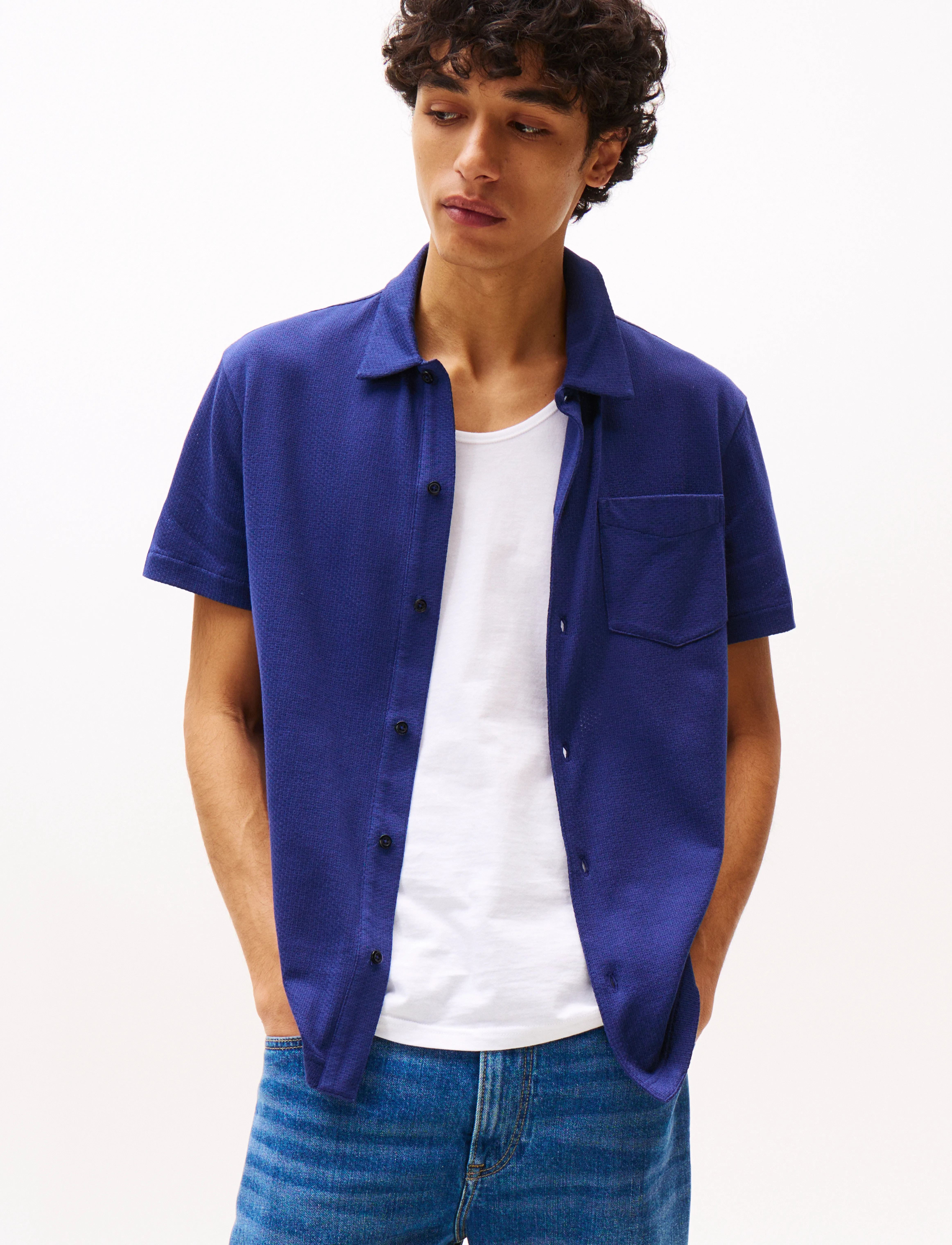 Tommy Hilfiger Open Knit Full Placket Reg Polo, M, Blue, Strik > Kortærmede Strikkede Poloer, Herre
