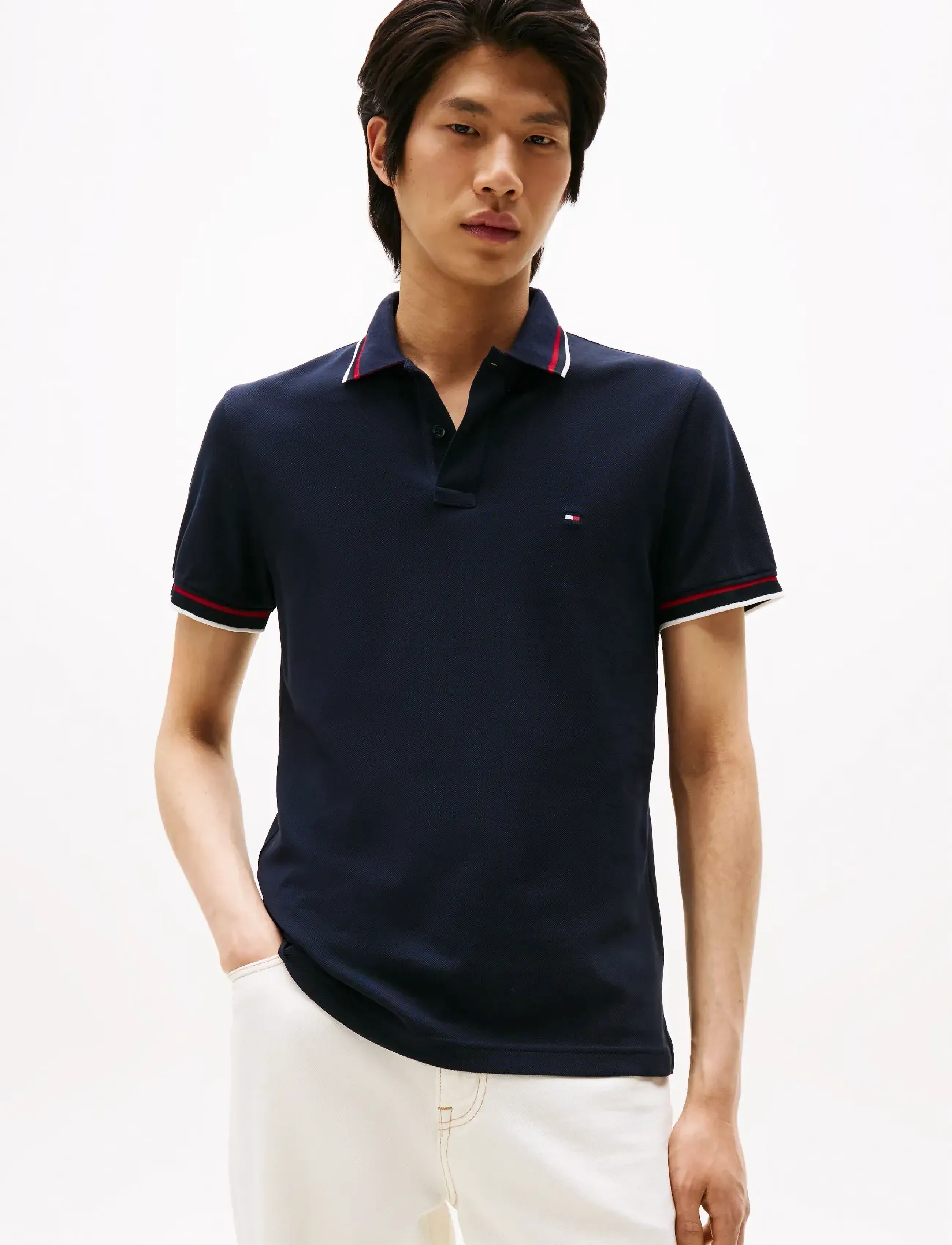 Tommy Hilfiger Cuff Interest Slim Fit Polo, Mænd, Slim Fit Stribet Poloshirt, Navy, Str: L