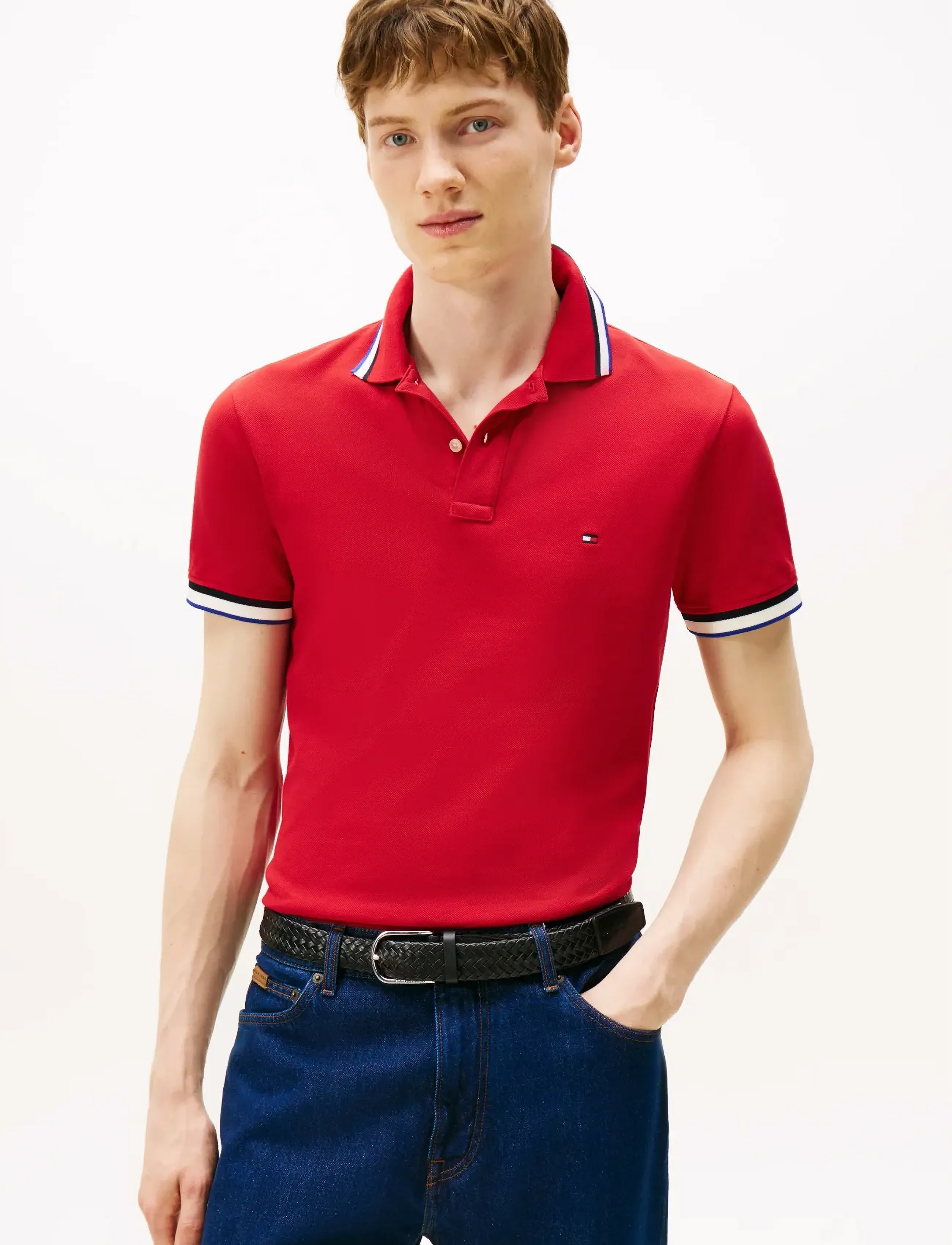 Tommy Hilfiger Cuff Interest Slim Fit Polo, Mænd, Slim Fit Stribet Poloshirt, Rød, Str: XXXL