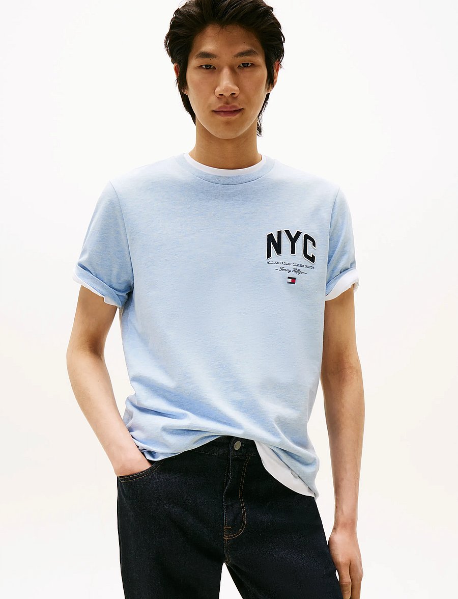 Tommy Hilfiger - HILFIGER SCRIPT NYC TEE - short-sleeved t-shirts - heathered blue - 0