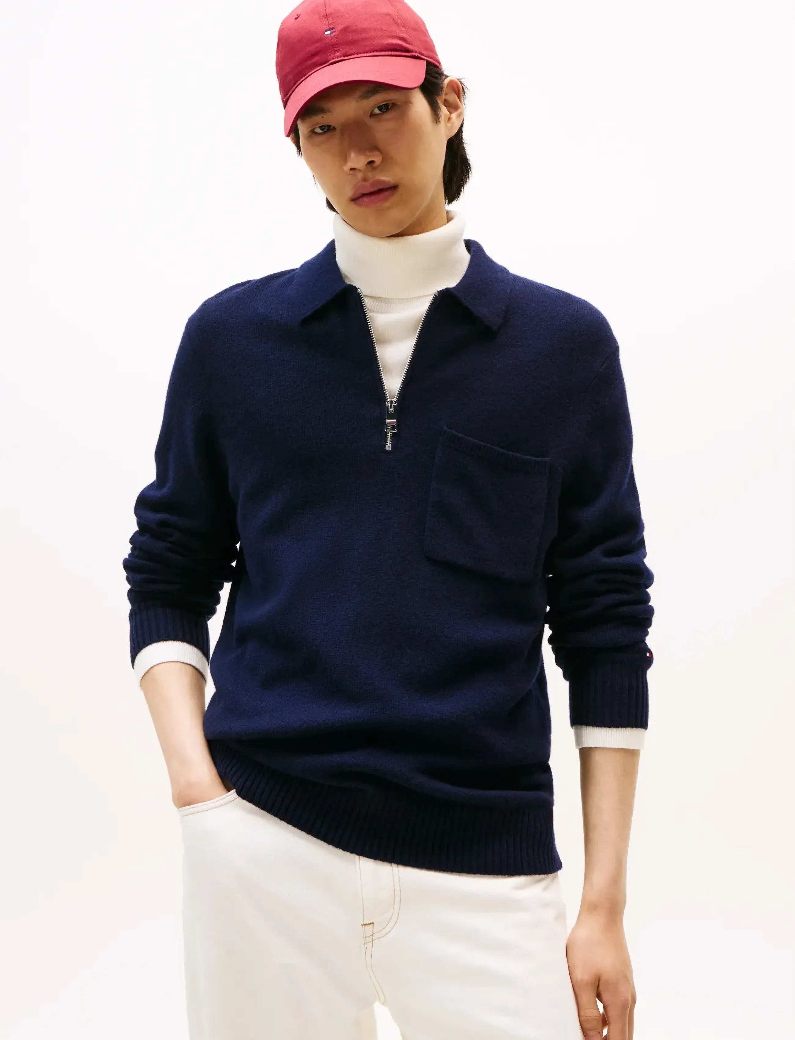 Tommy Hilfiger Lambswool Zip Polo, Lynlås Polo Sweater, Navy, Str: XXXL