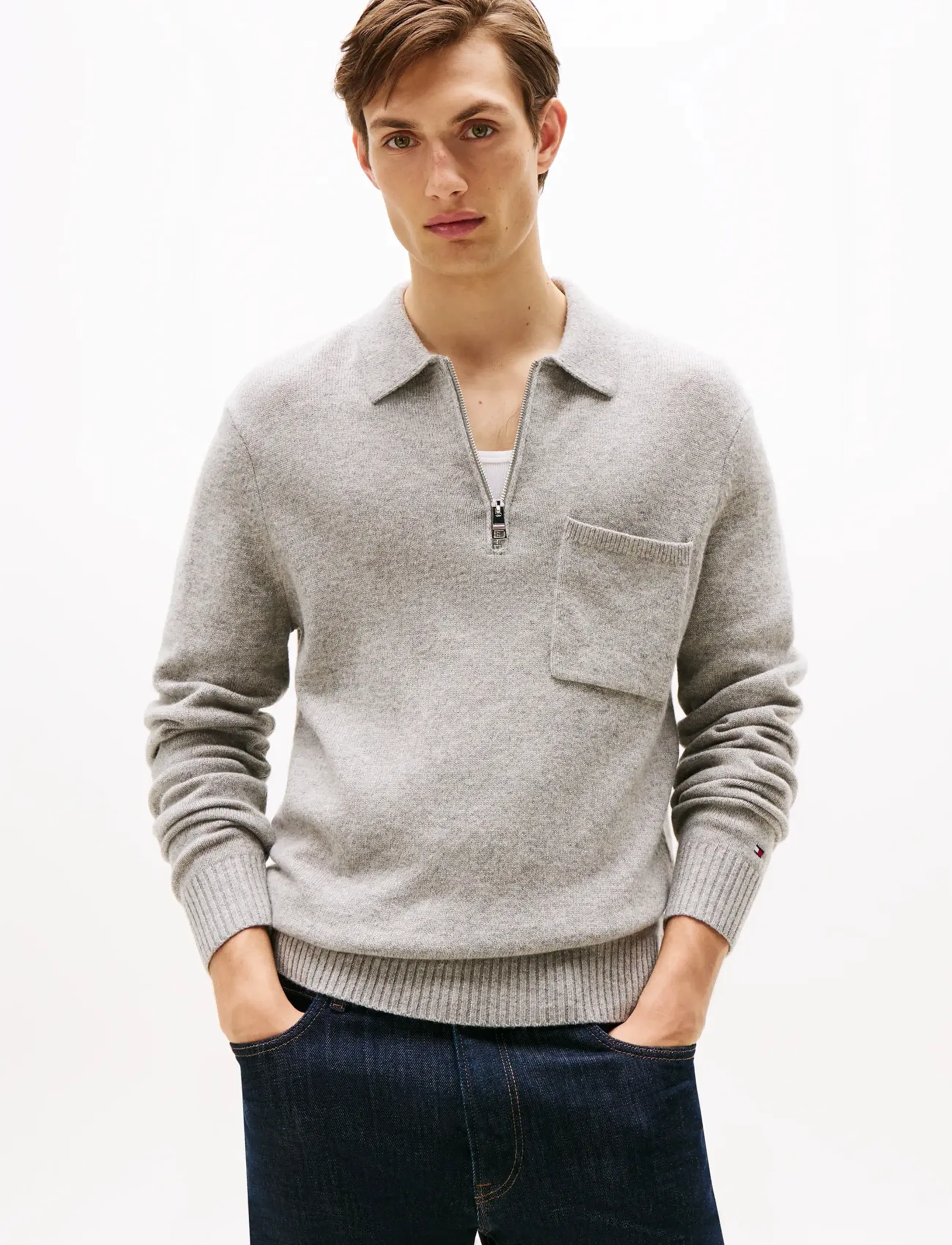 Tommy Hilfiger Lambswool Zip Polo, Lynlås Polo Sweater, Grå, Str: XXXL