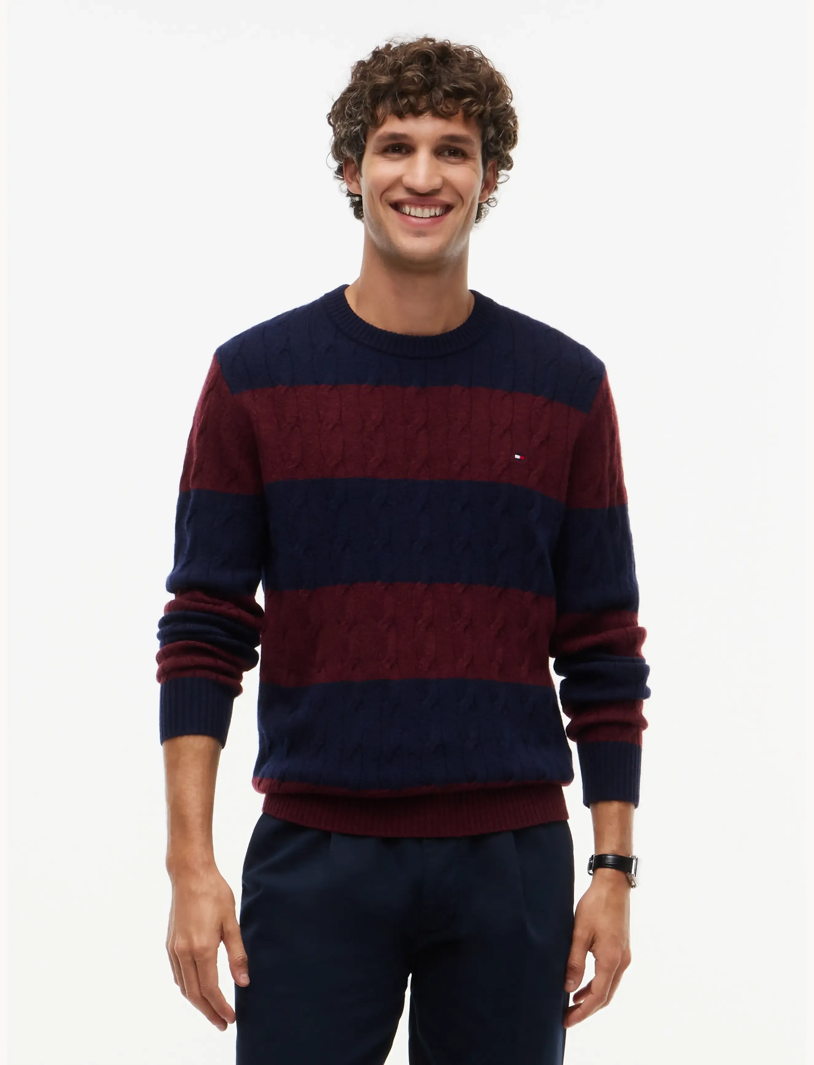Tommy Hilfiger LAMBSWOOL CABLE CREW - Tøj - NAVY BLUE BURGUNDY HEATHER / navy