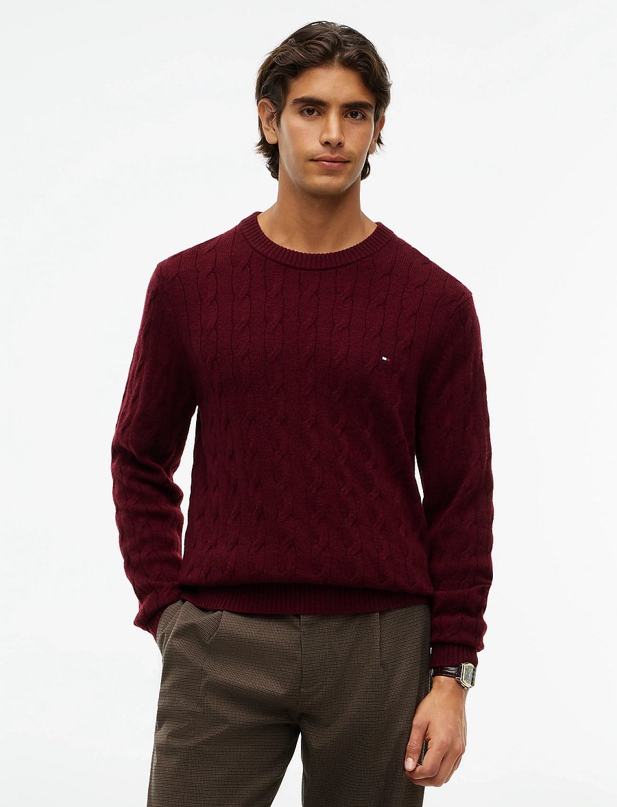 Tommy Hilfiger - LAMBSWOOL CABLE CREW - rundhals - burgundy heather - 0