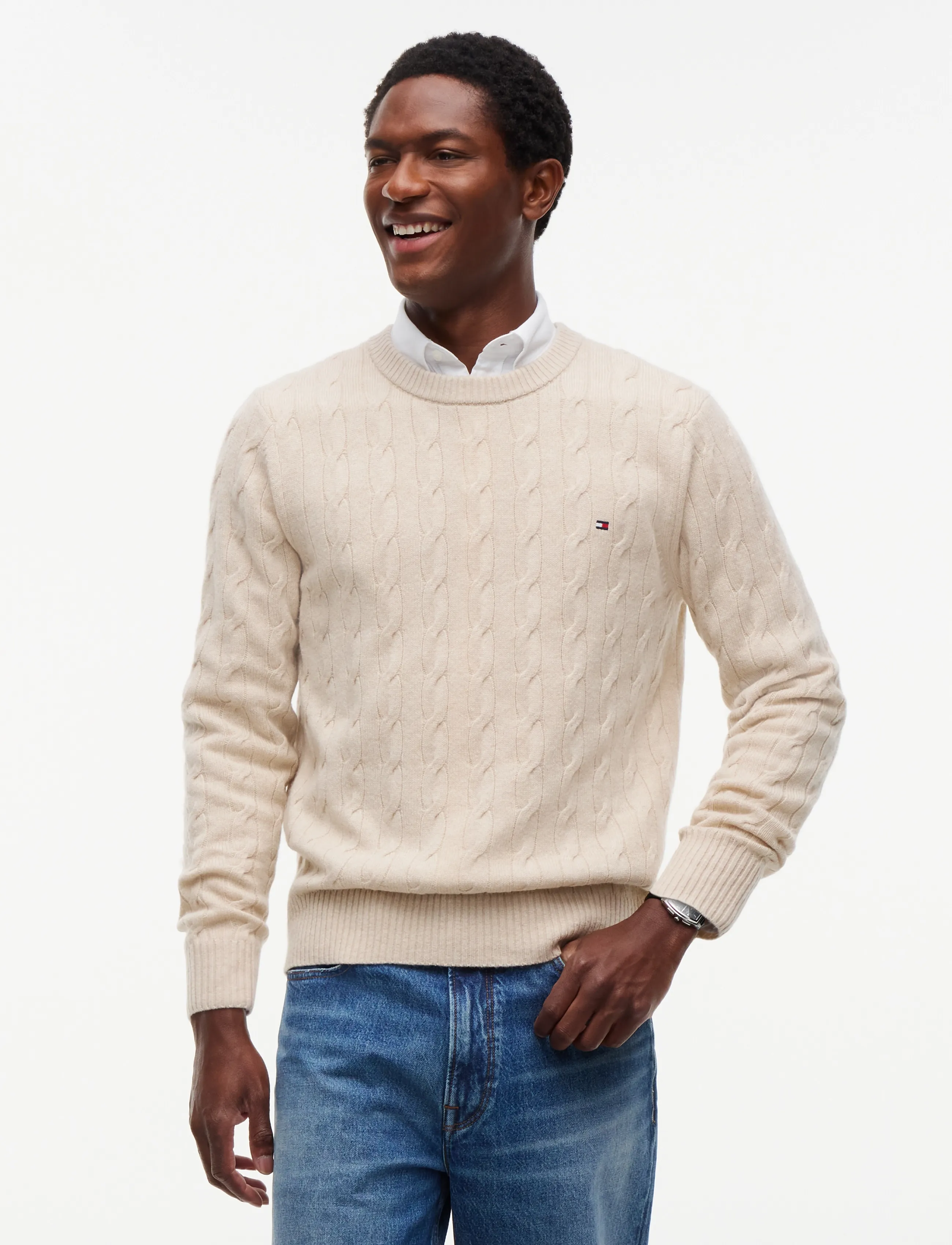 Tommy Hilfiger LAMBSWOOL CABLE CREW - Tøj - HEATHERED OATMILK / cream
