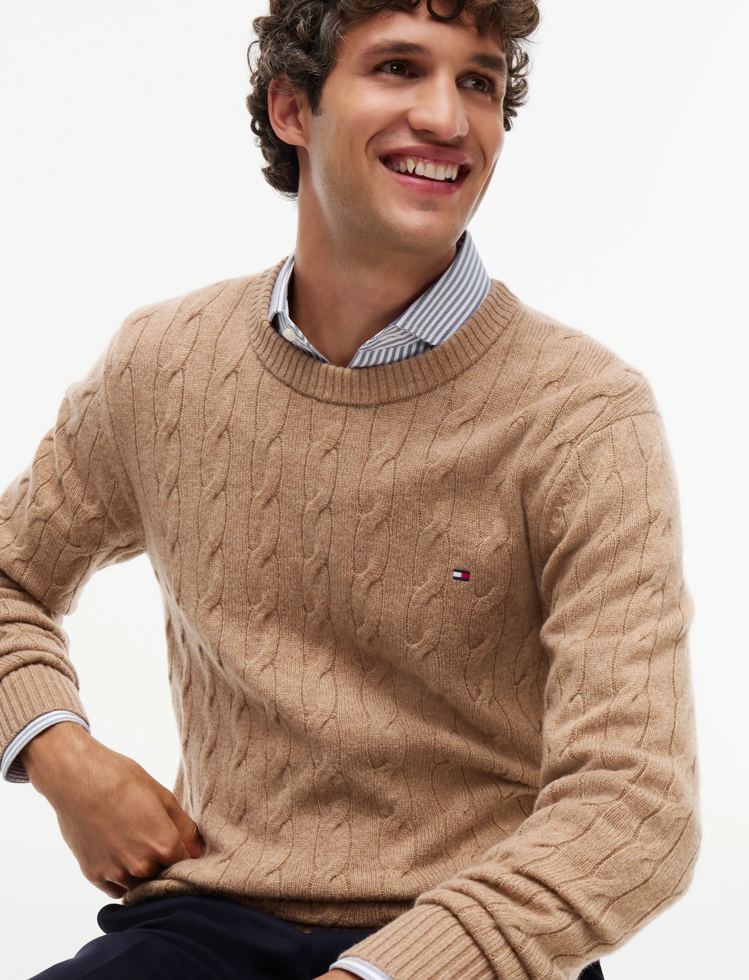 Tommy Hilfiger - LAMBSWOOL CABLE CREW - safari canvas heather - 3