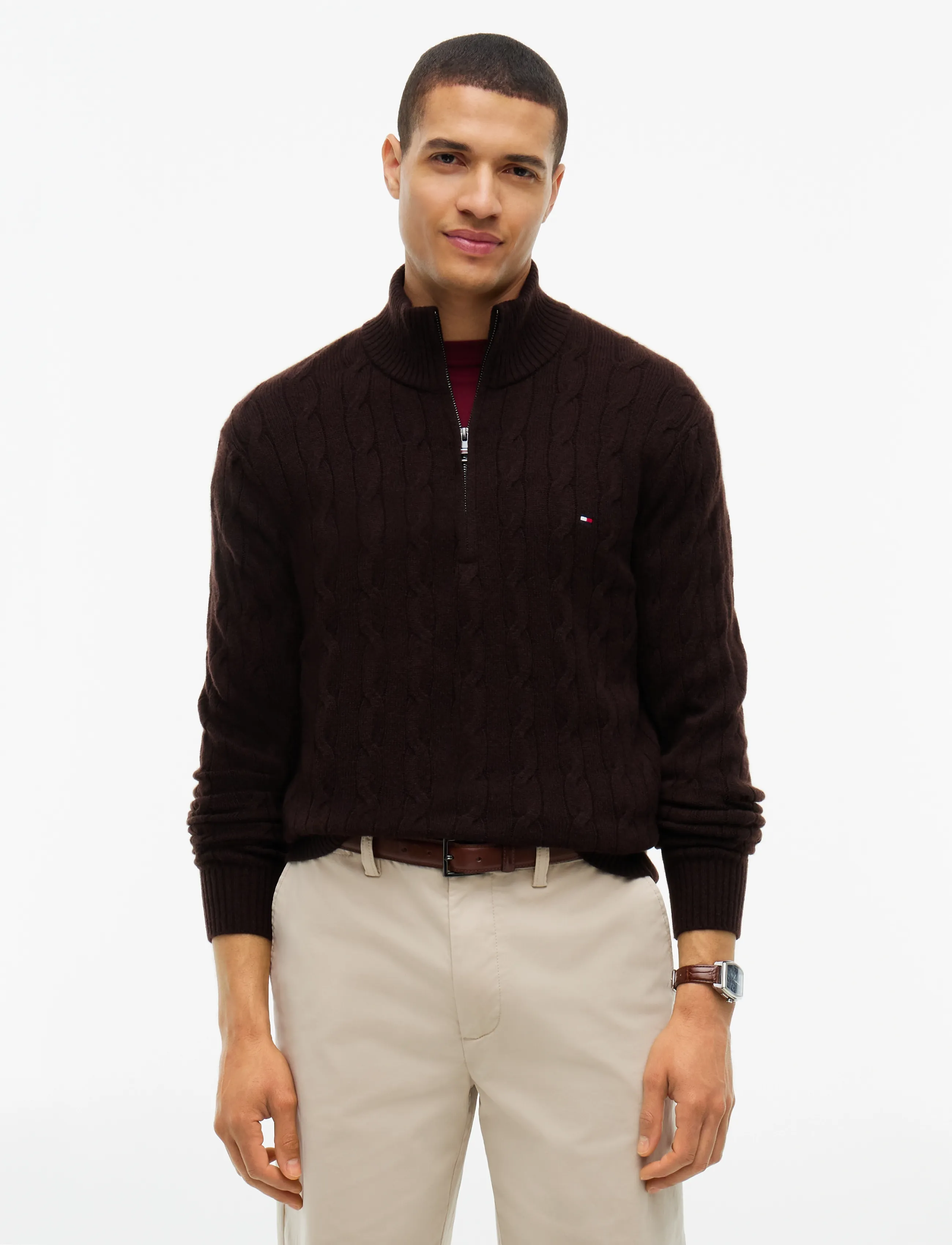 Tommy Hilfiger LAMBSWOOL CABLE ZIP MK - Riided - CHOCOLATE / brown