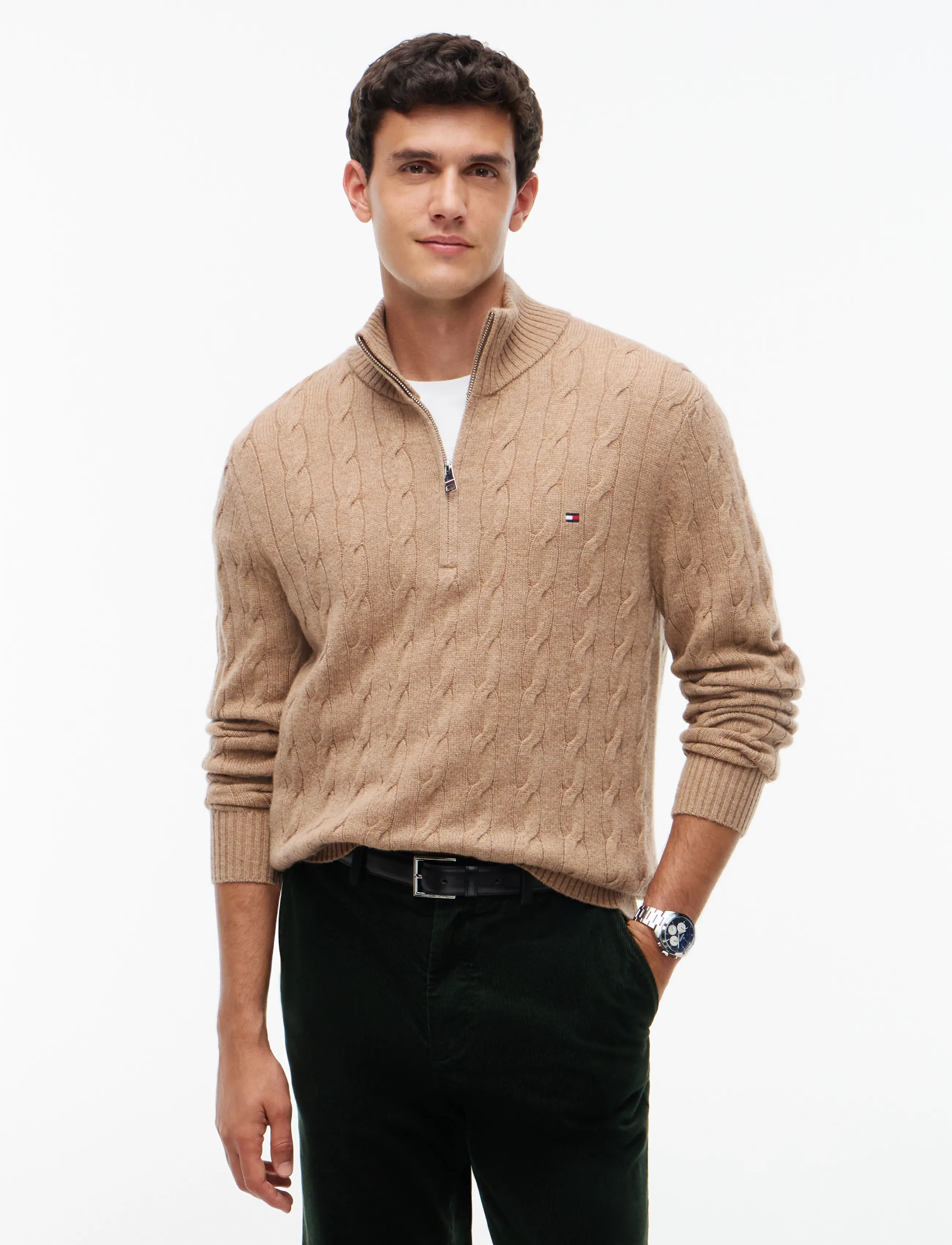 Tommy Hilfiger LAMBSWOOL CABLE ZIP MK - Tøj - SAFARI CANVAS HEATHER / brown