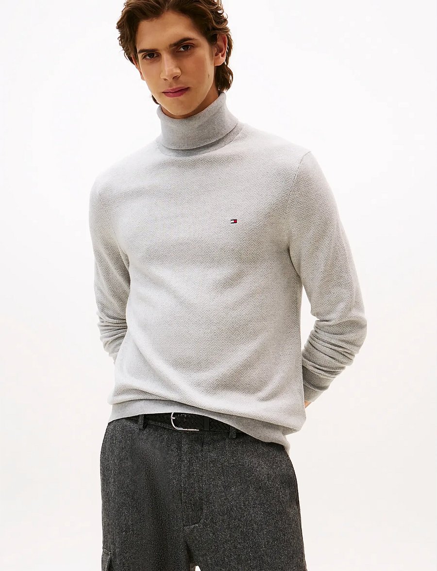 Tommy Hilfiger - PIMA CTN CASH HERRINGBONE ROLL - rollkragenpullover - light grey htr ivory petal - 0